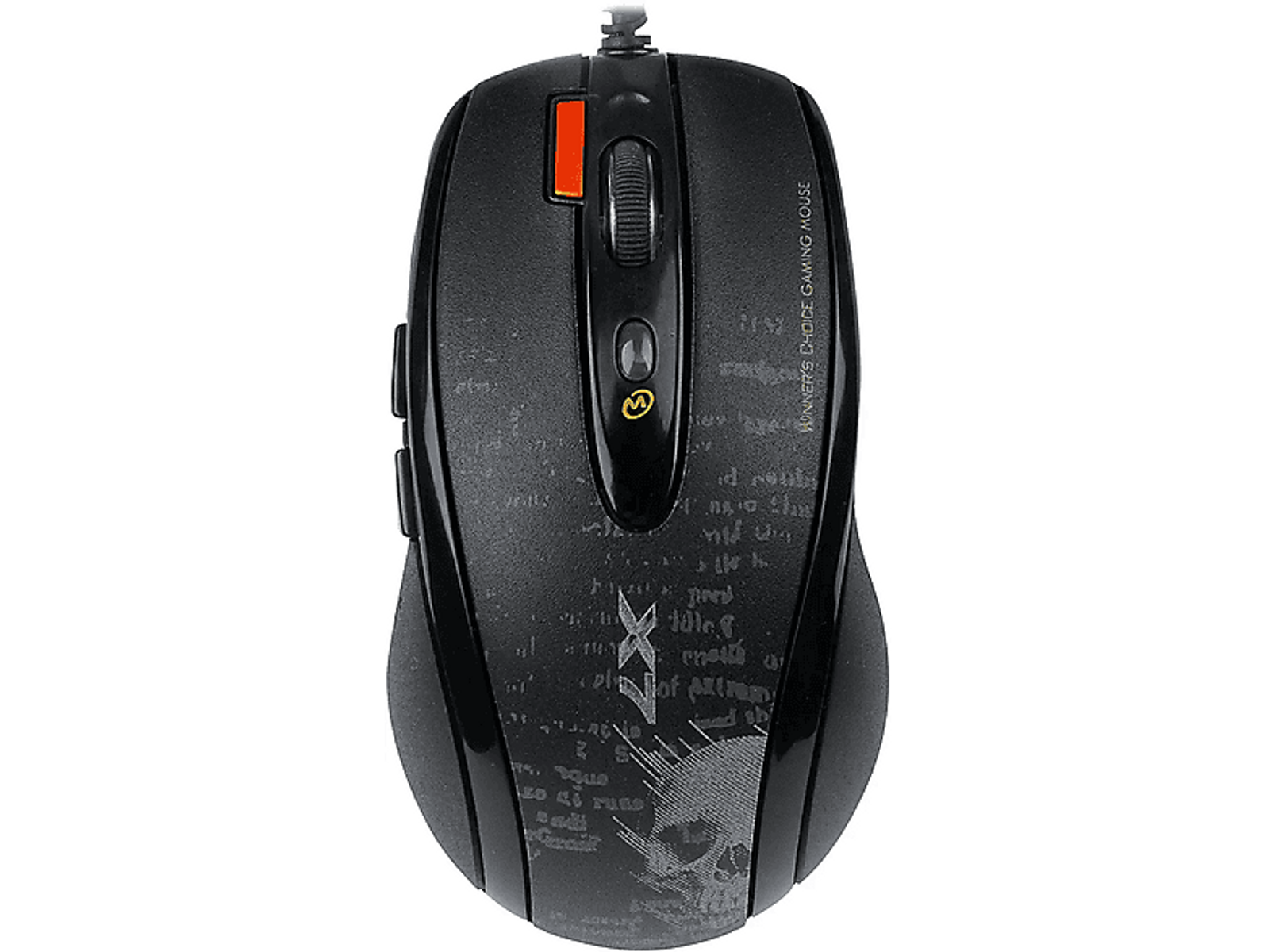 Schwarze Gaming-Maus mit roter Taste, Scrollrad und Seitentasten. Schädel-Design.