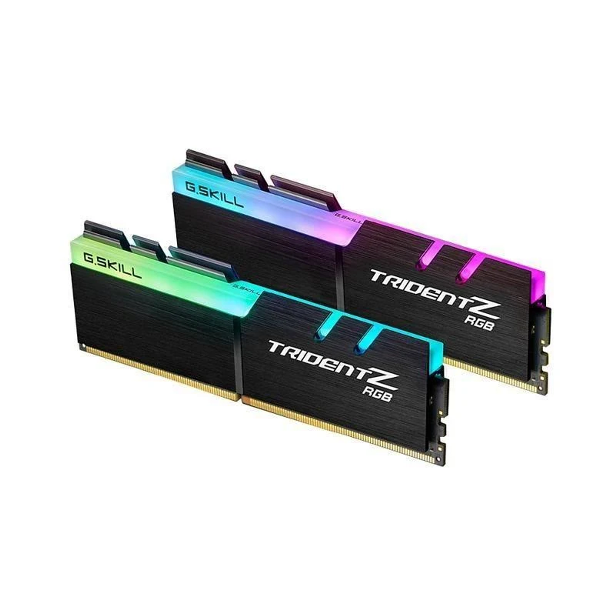 Dwa czarne moduły RAM z podświetleniem RGB, oznaczone G.SKILL i TRIDENT Z RGB, na białym tle.