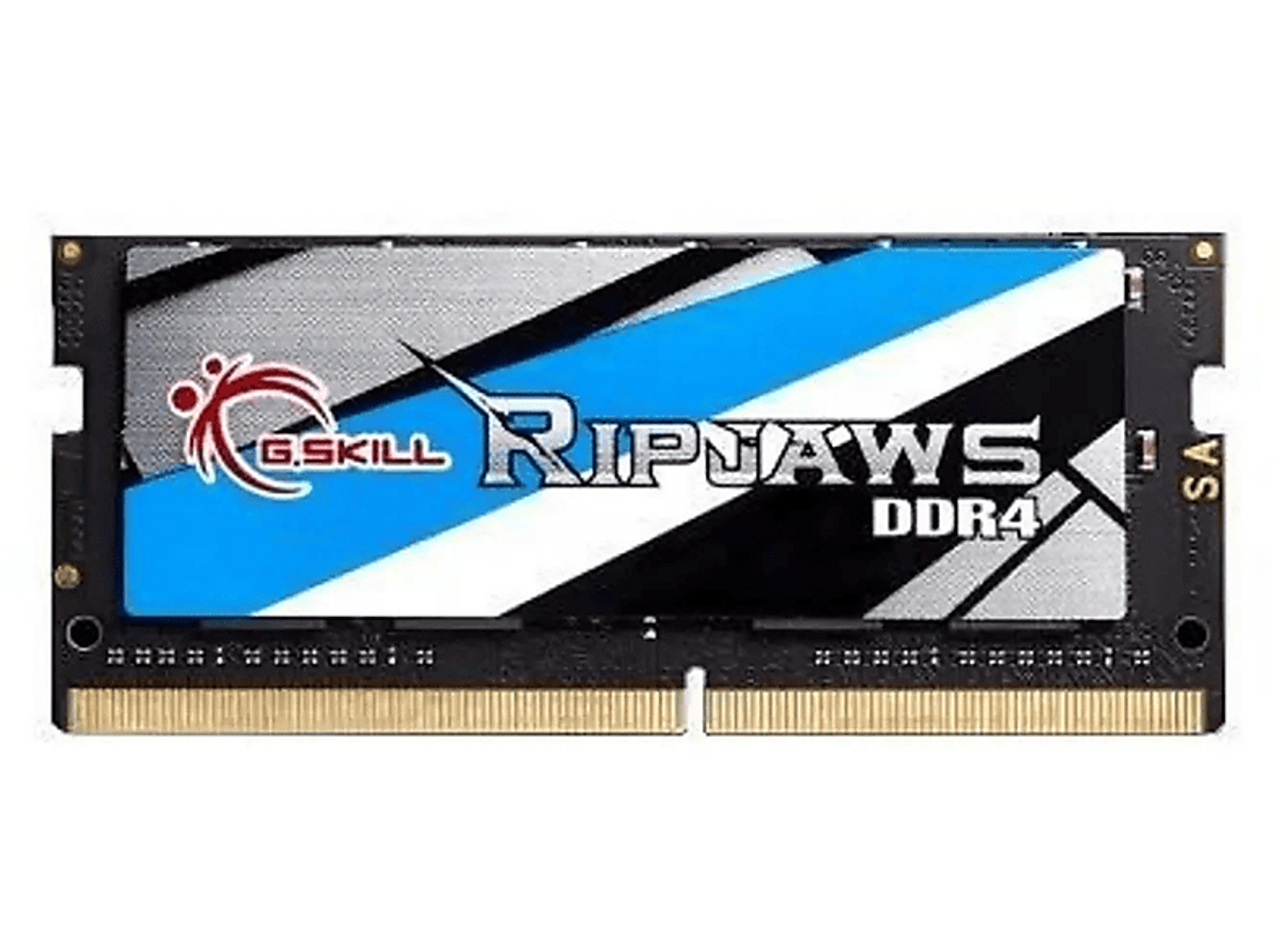 Kość RAM z marką G.Skill Ripjaws DDR4, niebiesko-biały design, złote złącza.