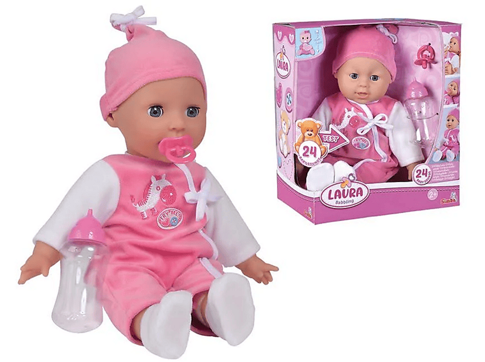 Babypuppe mit rosa Outfit, Schnuller, Flasche und einer Box.