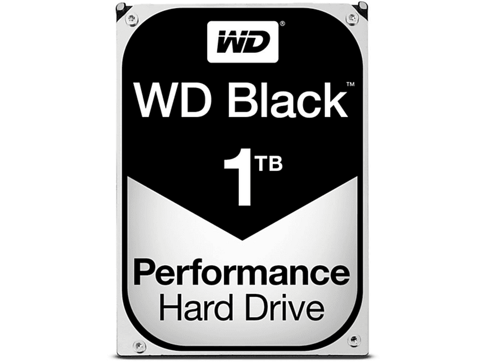 WD Black 1TB Performance Hard Drive, nero e argento, con testo bianco in grassetto e il logo WD.