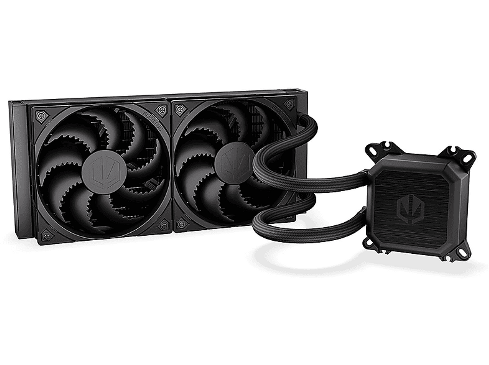 Czarny system chłodzenia cieczą do PC z dwoma wentylatorami.