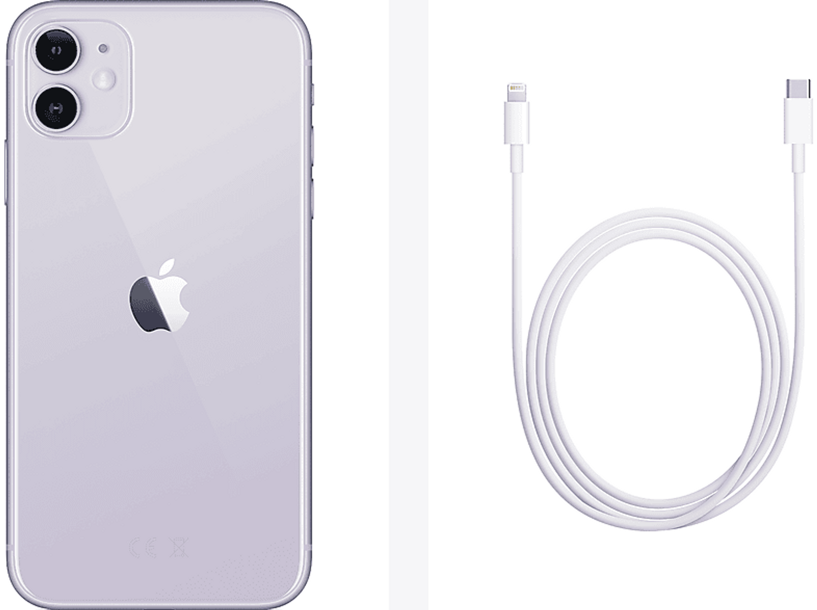 Fioletowy iPhone 11 z kablem. Białe tło.