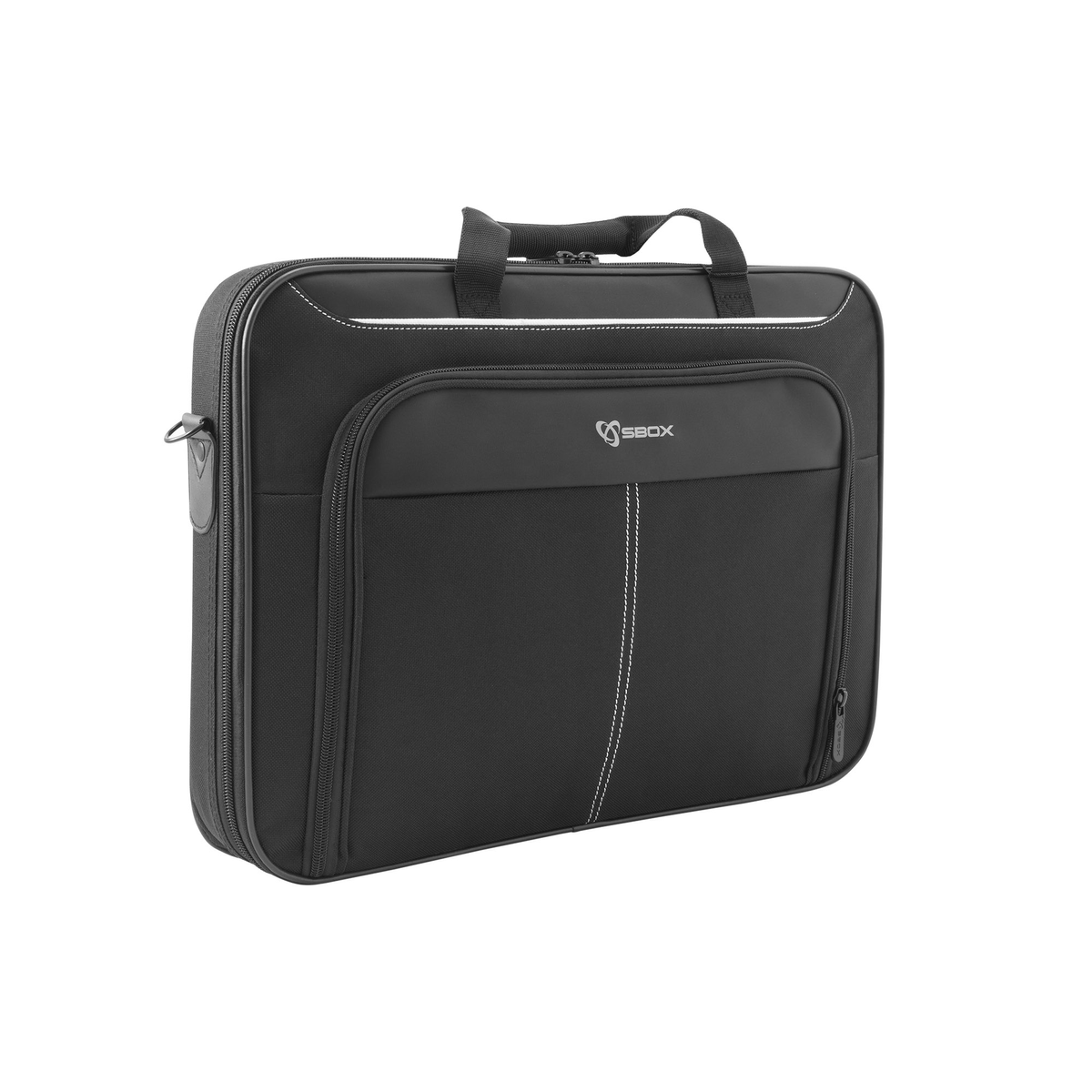 Borsa per laptop nera con cuciture bianche. Ha un manico, una tracolla e un logo.