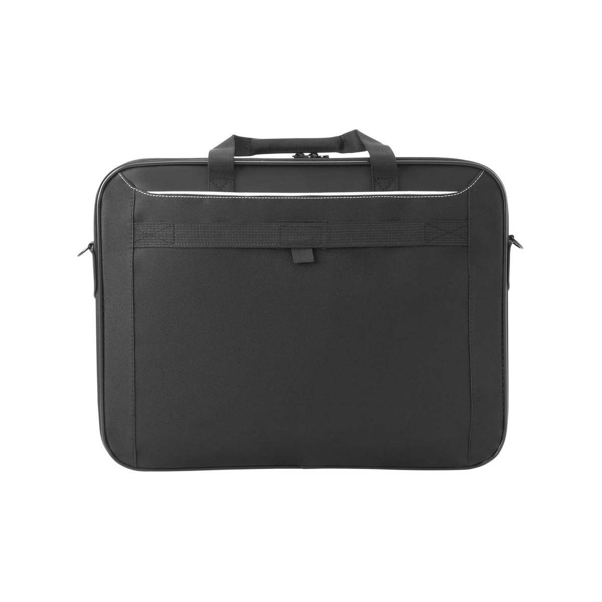 Una borsa per laptop nera con manico, tracolla e una striscia bianca.