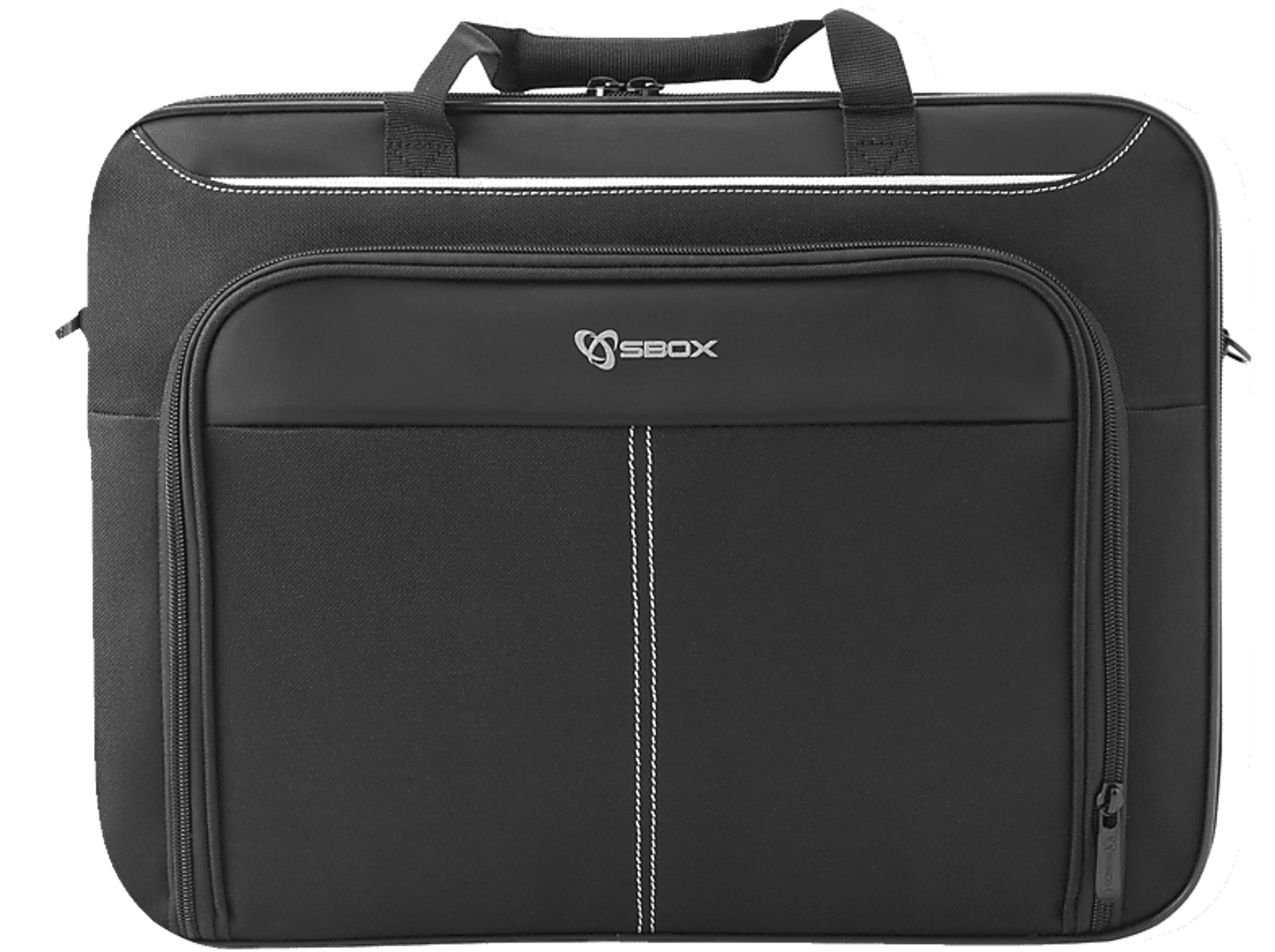 Borsa per laptop Sbox nera con cuciture bianche e manico.