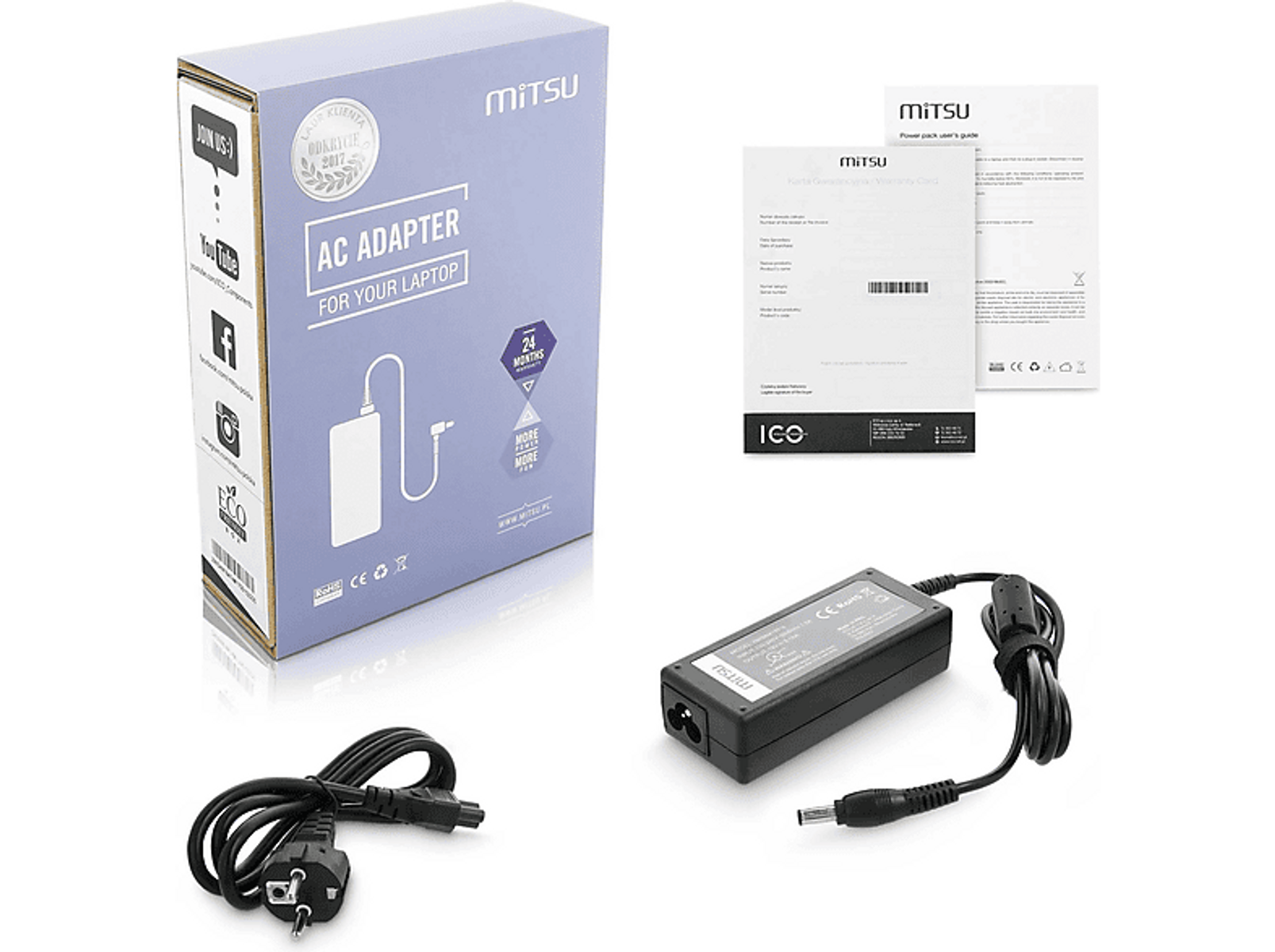 Verpackter Mitsu-Netzadapter für einen Laptop, mit Netzkabel, Adapter und Benutzerhandbuch.