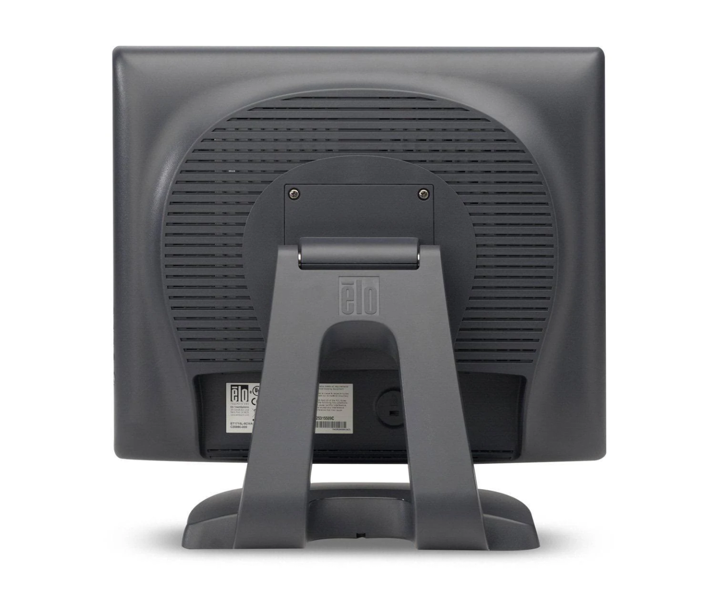Rückansicht eines grauen Computermonitors. Der Monitor hat einen Ständer und Lüftungslöcher.