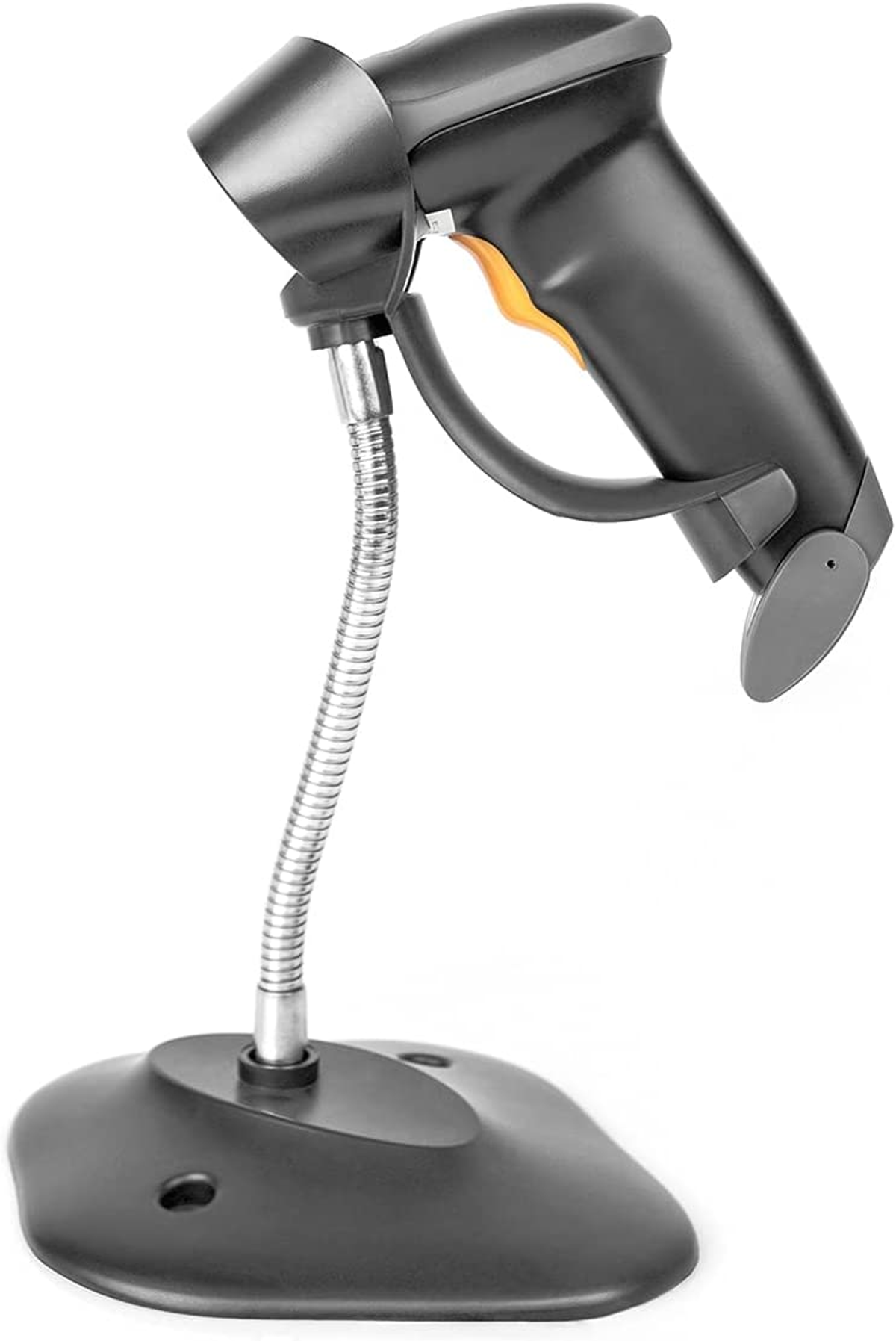Schwarzer Barcodescanner auf Ständer, mit flexiblem Arm und orangefarbener Taste.