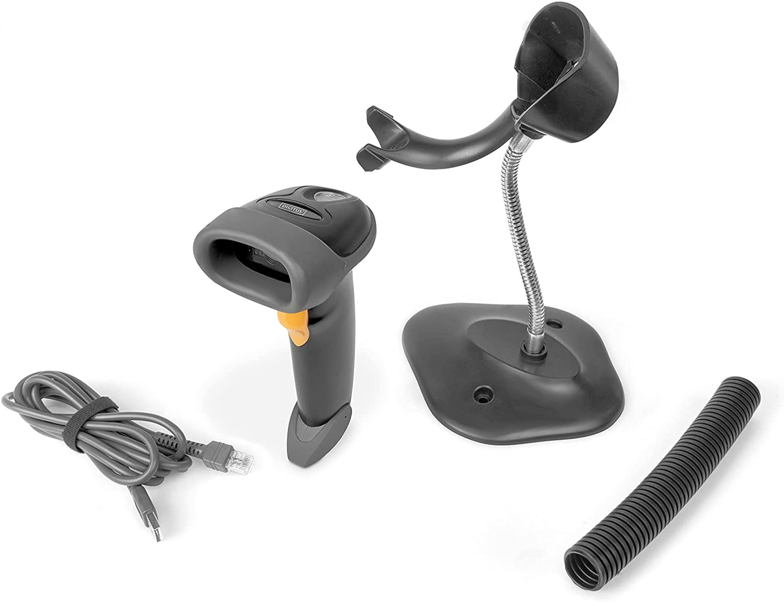 Schwarzer Barcodescanner mit Ständer und Kabel. Teile umfassen Scanner und Basis.