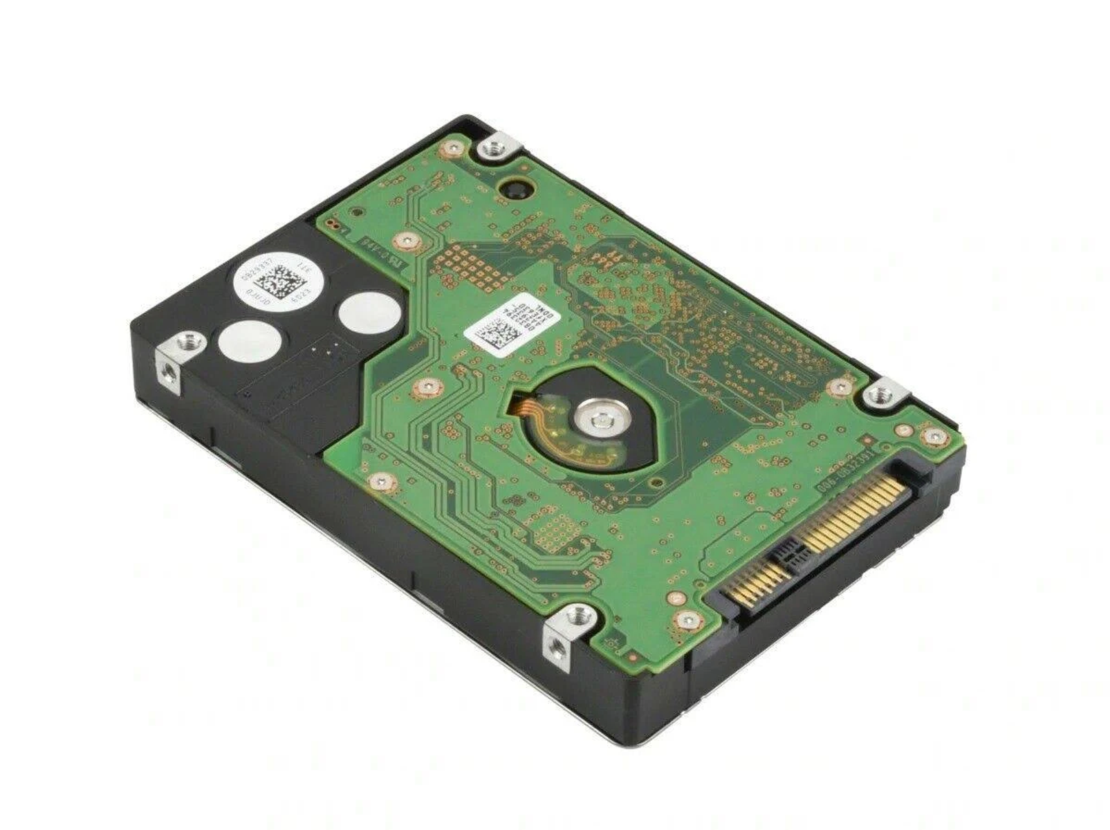 Dysk twardy z zieloną płytką obwodu. Spód jest czarny.