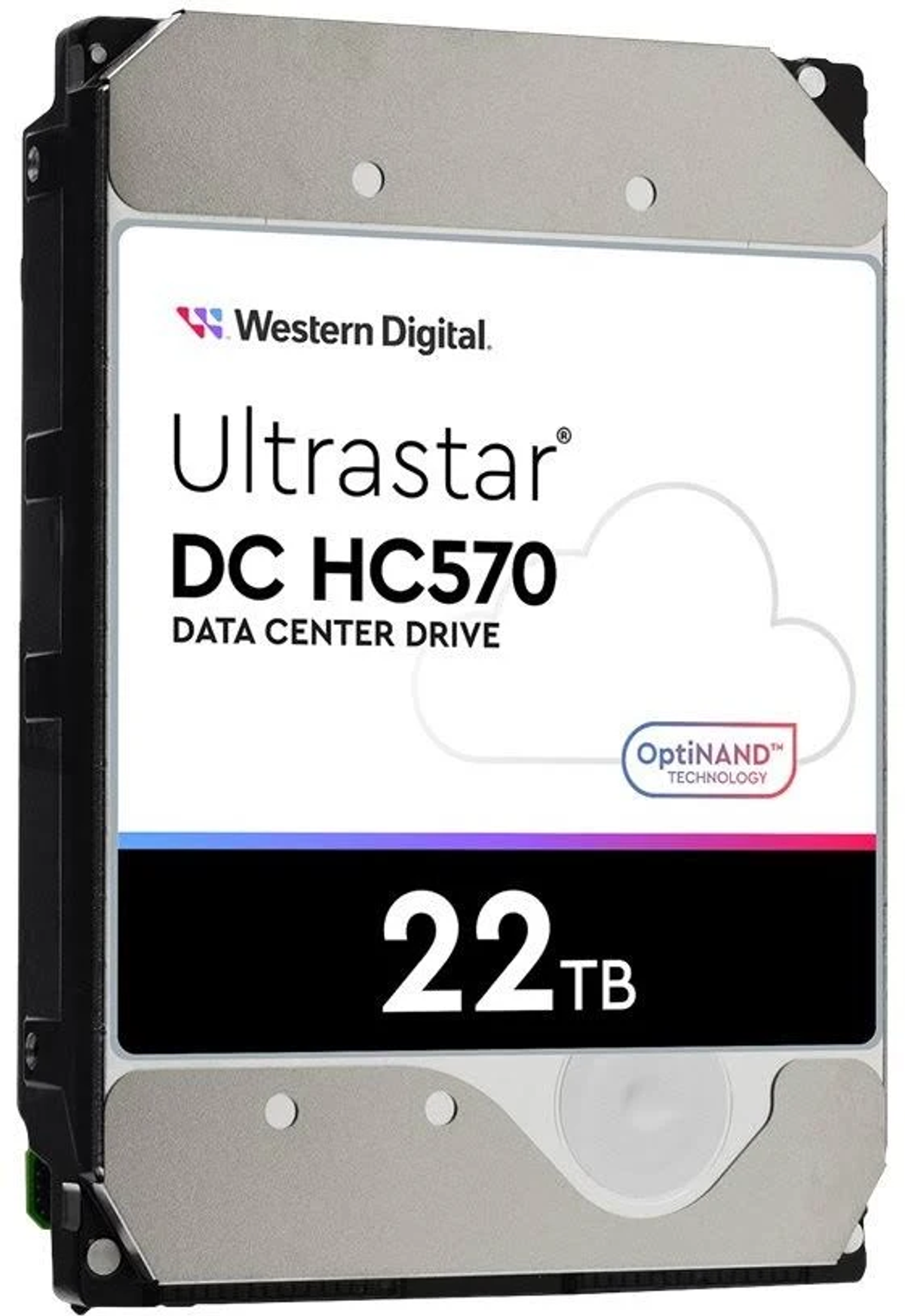 Dysk twardy Western Digital Ultrastar 22TB. Srebrna i czarna obudowa z białą etykietą. Tekst: Ultrastar DC HC570.