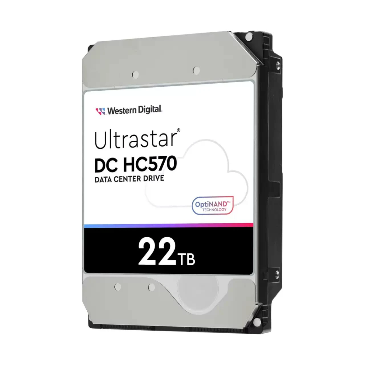Dysk twardy Western Digital Ultrastar. Srebrny i czarny. Biała etykieta z tekstem. Białe tło.
