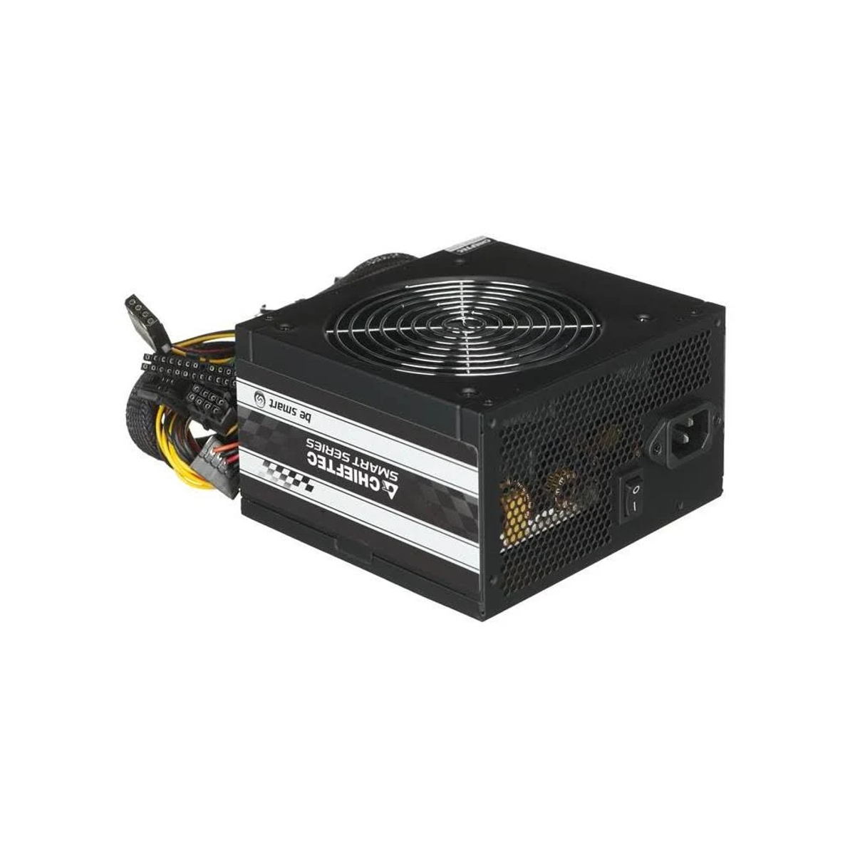 Czarny zasilacz komputerowy z wentylatorem, kablami i napisem 'CHIEFTEC SMART SERIES'.
