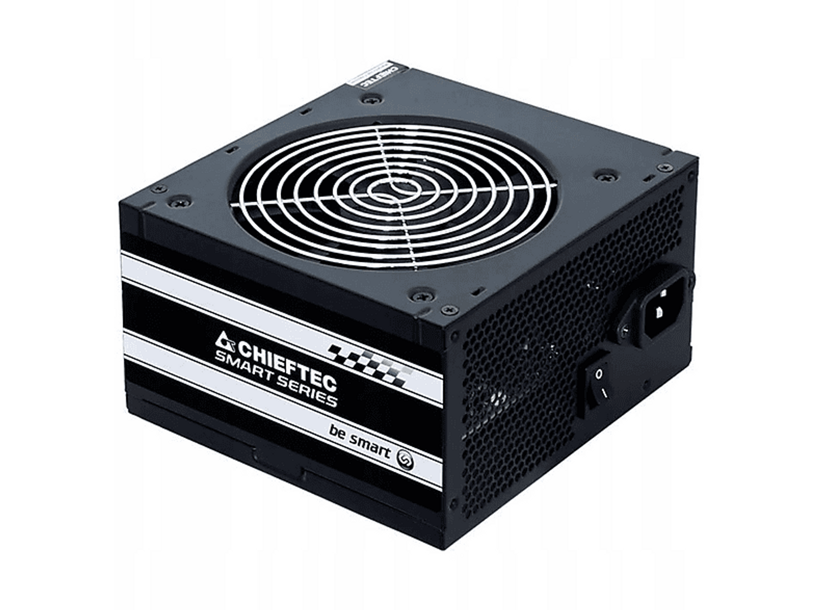 Czarny zasilacz komputerowy z wentylatorem. Ma nazwę marki i przełącznik.