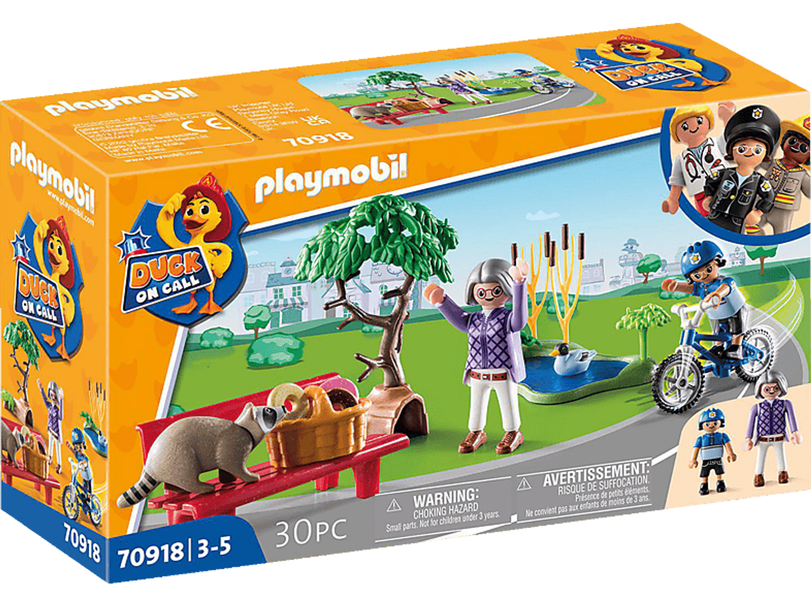 Un set scatola Playmobil: Duck on Call. Mostra una scena del parco con procione e figure.