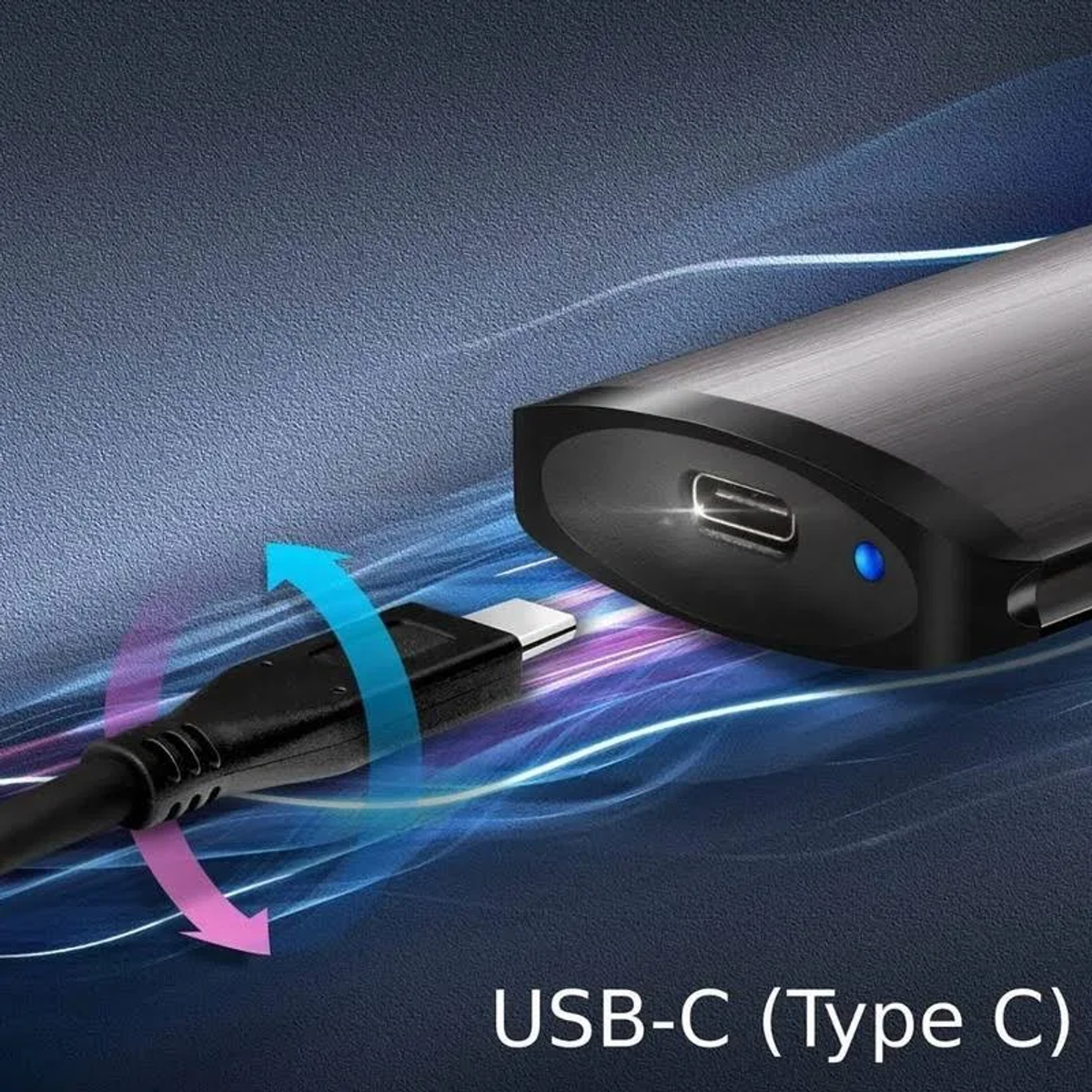 Kabel USB-C podłączony do czarnego urządzenia z niebieskim światłem, strzałki wskazują połączenie.