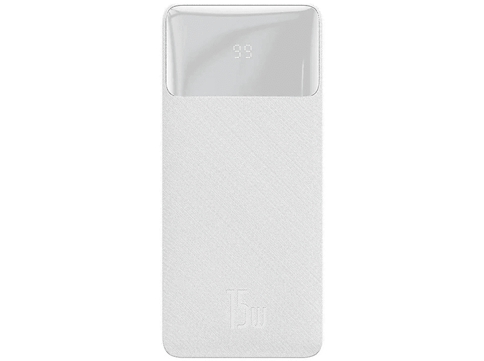 Banco de energía blanco con pantalla digital que muestra '99' y puerto USB.