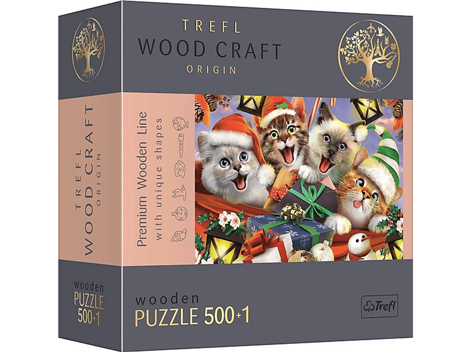 Puzzledose mit einem Bild von vier Katzen. Sie tragen Weihnachtsmützen und sind aufgeregt.