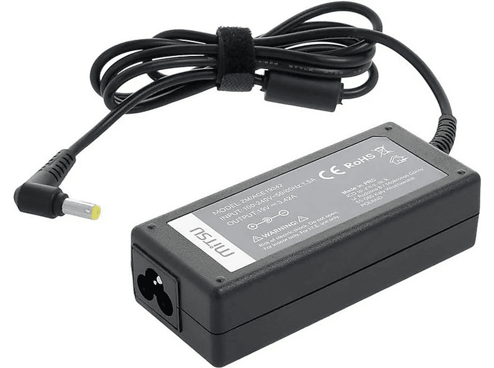 Schwarzes Laptop-Netzteil mit Netzkabel und Anschluss. Der Stecker ist gelb.