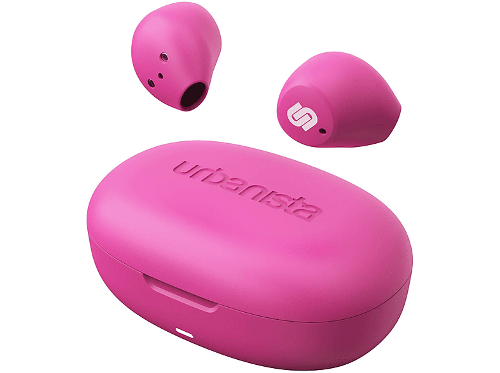 Różowe bezprzewodowe słuchawki douszne i etui ładujące. Słuchawki pokazane osobno.