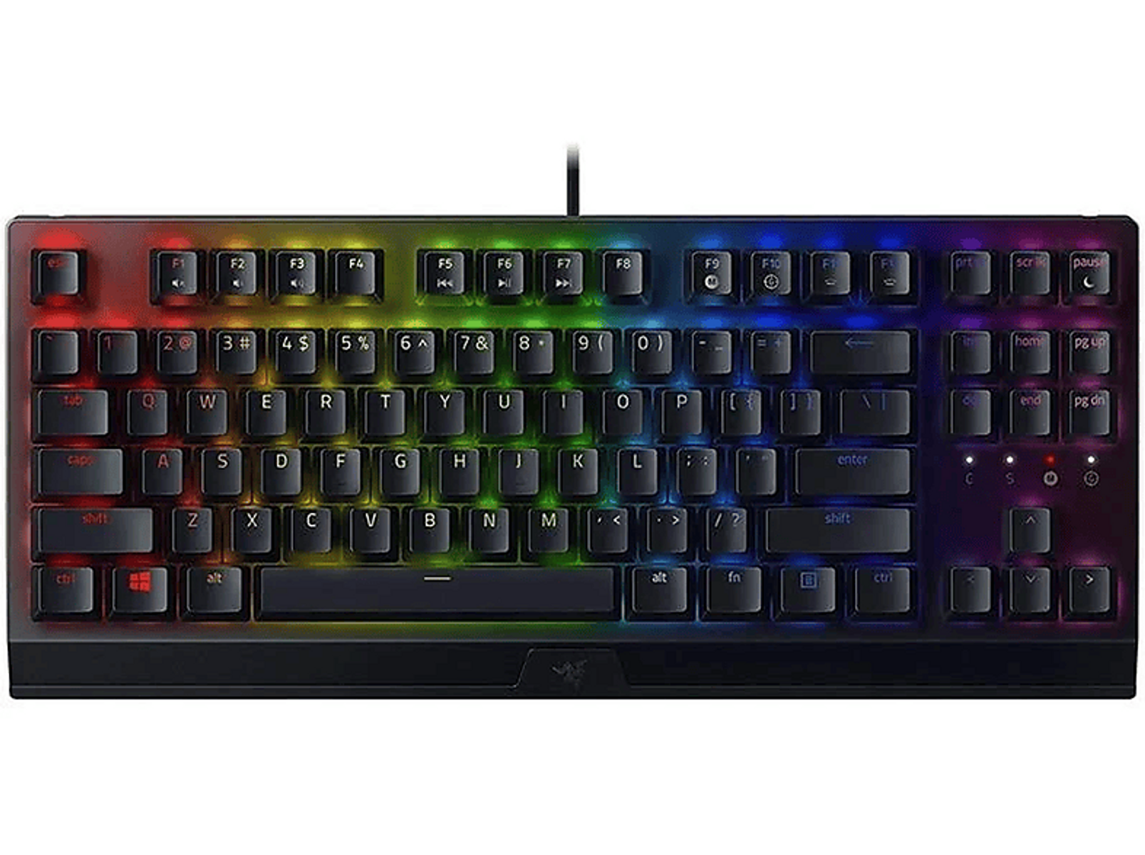 Czarna klawiatura mechaniczna z podświetleniem RGB, z różnymi klawiszami, w tym klawiszami funkcyjnymi.