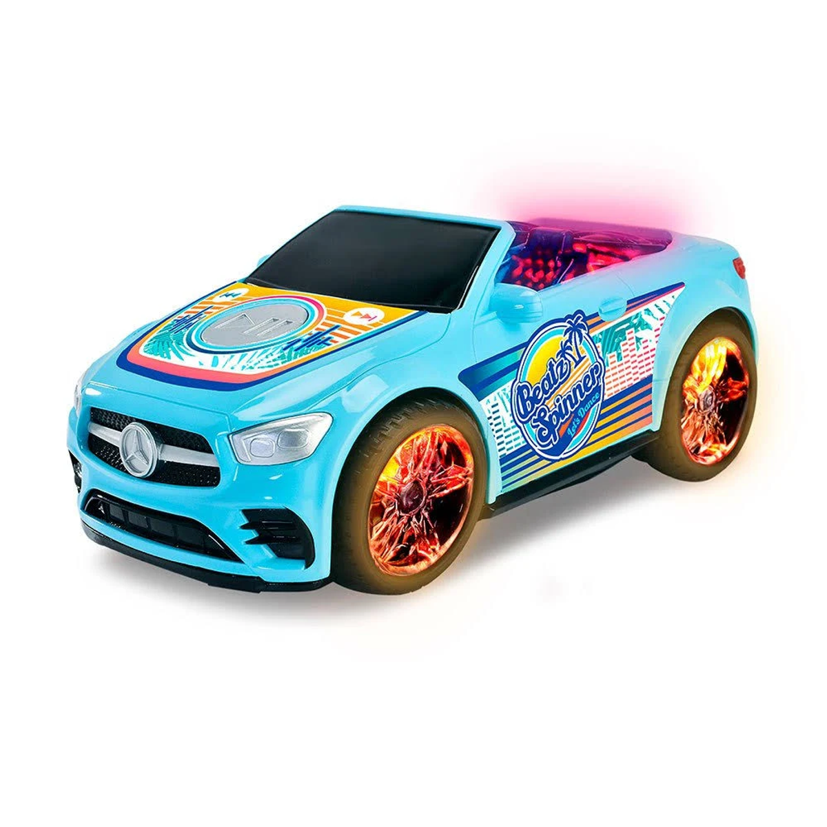 Hellblaues Spielzeugauto mit leuchtenden Rädern und einem bunten Dach. Weißer Hintergrund.
