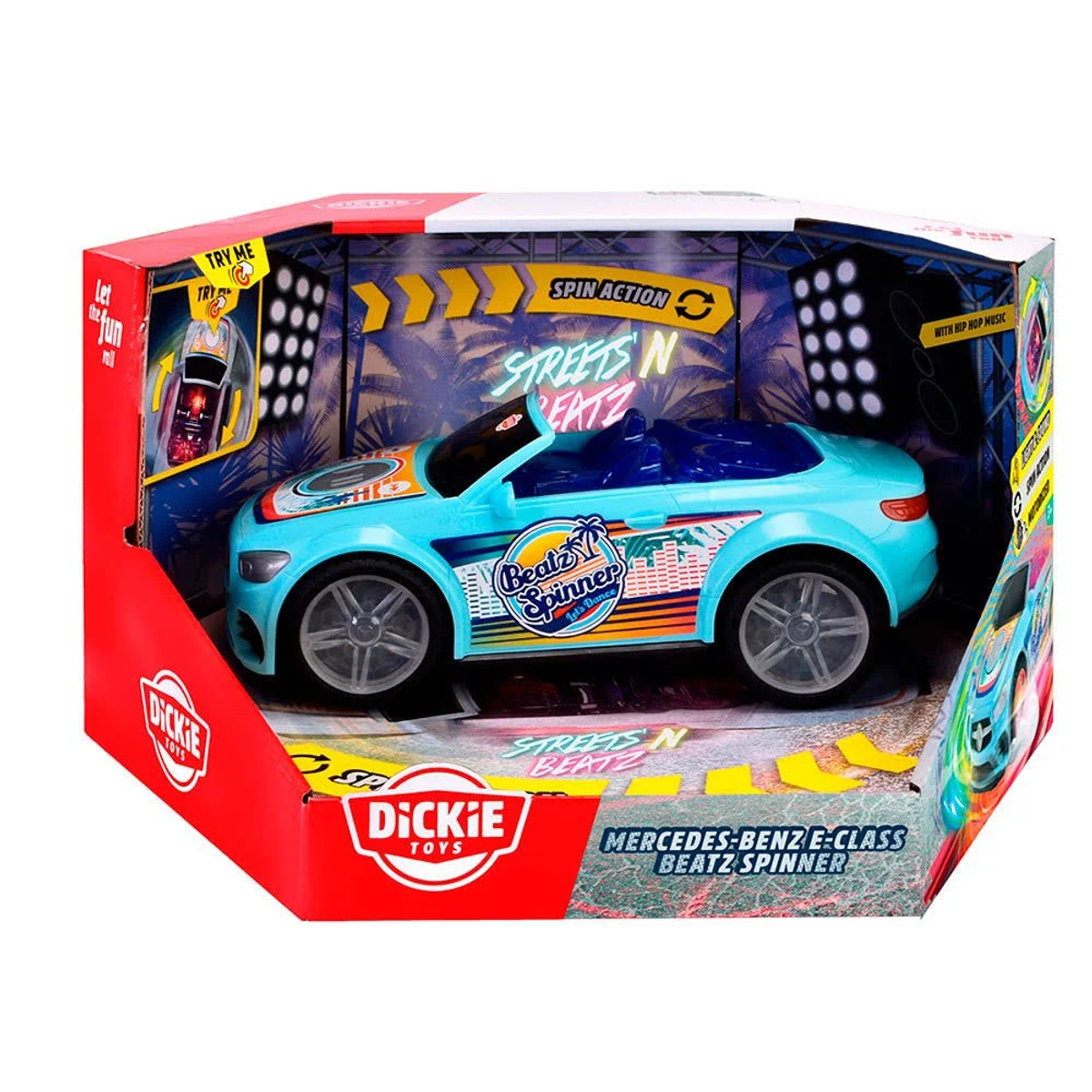 Spielzeugauto in einer Box. Blaues Auto mit dem Text 'Streets N Beatz'.