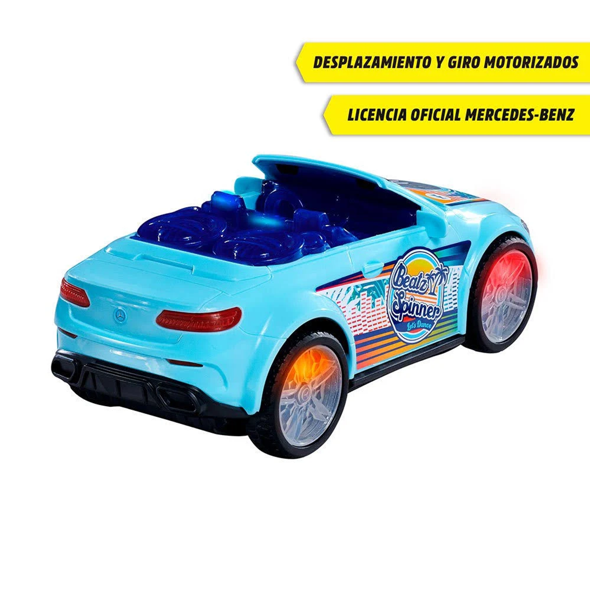 Blaues Spielzeugauto mit Lichtern. Es ist eine Mercedes-Benz-Nachbildung. Texte sagen: motorisiert, Mercedes-Benz-Lizenz.
