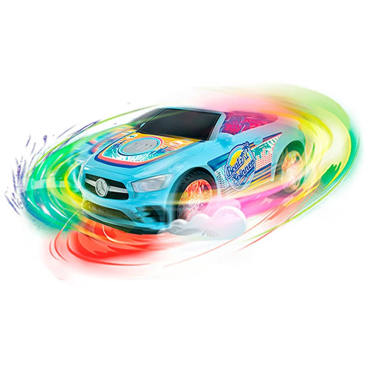 Blaues Spielzeugauto mit bunten Lichtern und Wirbeleffekt, weißer Hintergrund.