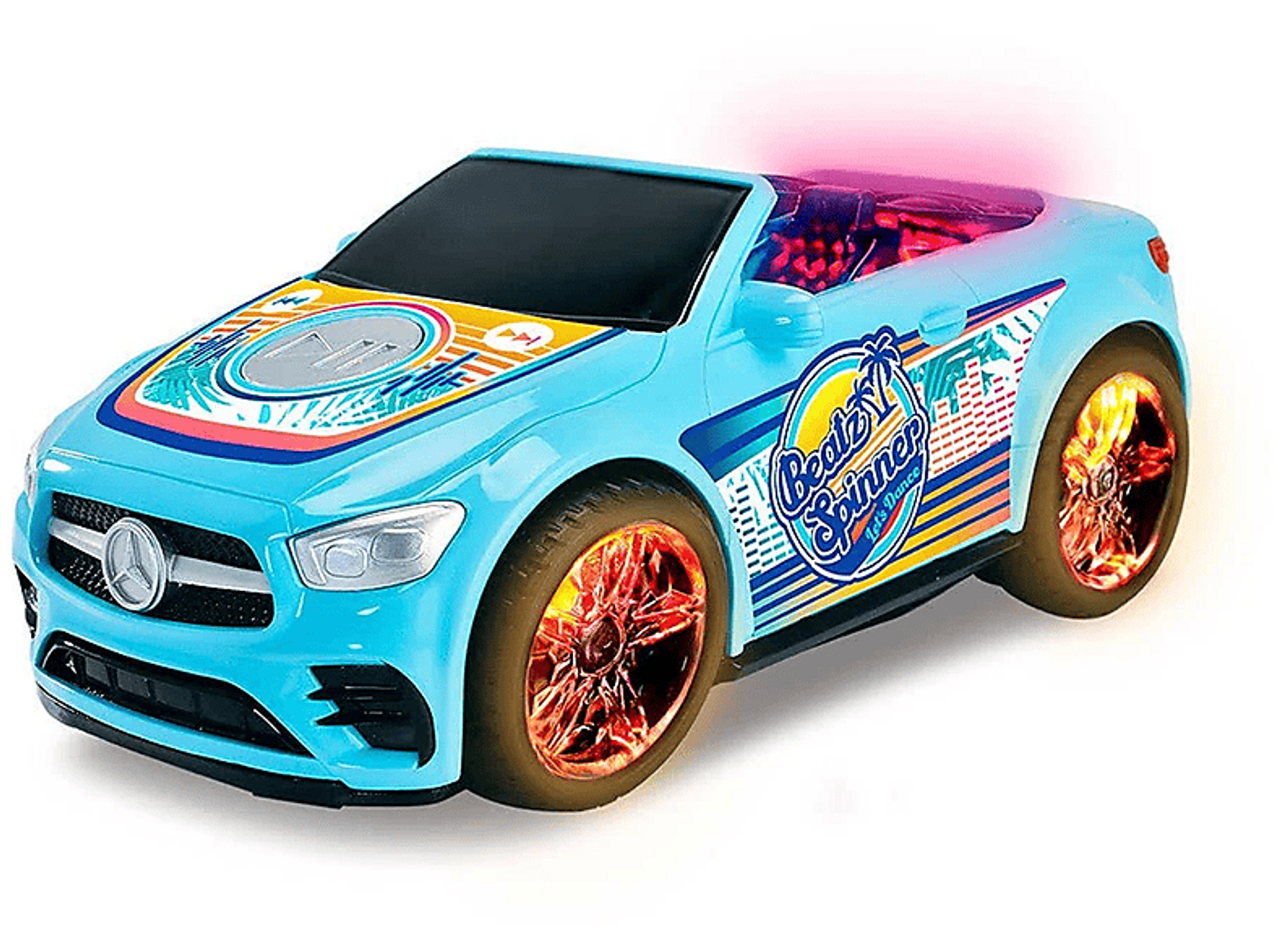 Blaues Spielzeugauto mit Musikdesign, hellen Lichtern und weißem Hintergrund.