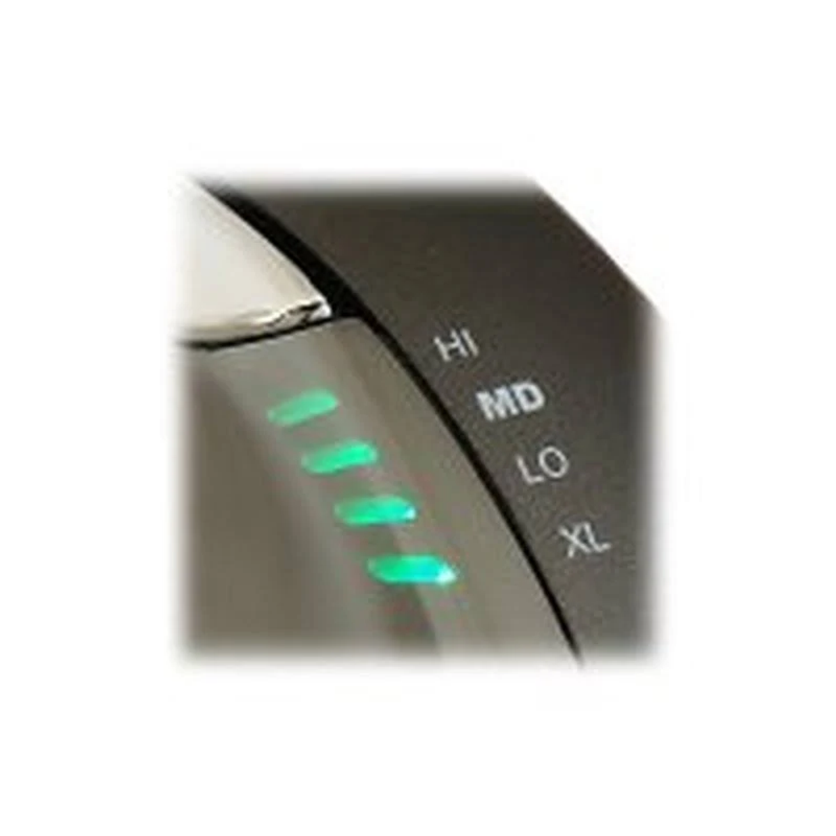 Close-up of a black control panel with green lights indicating levels: HI, MD, LO, and XL. The panel is slightly curved.