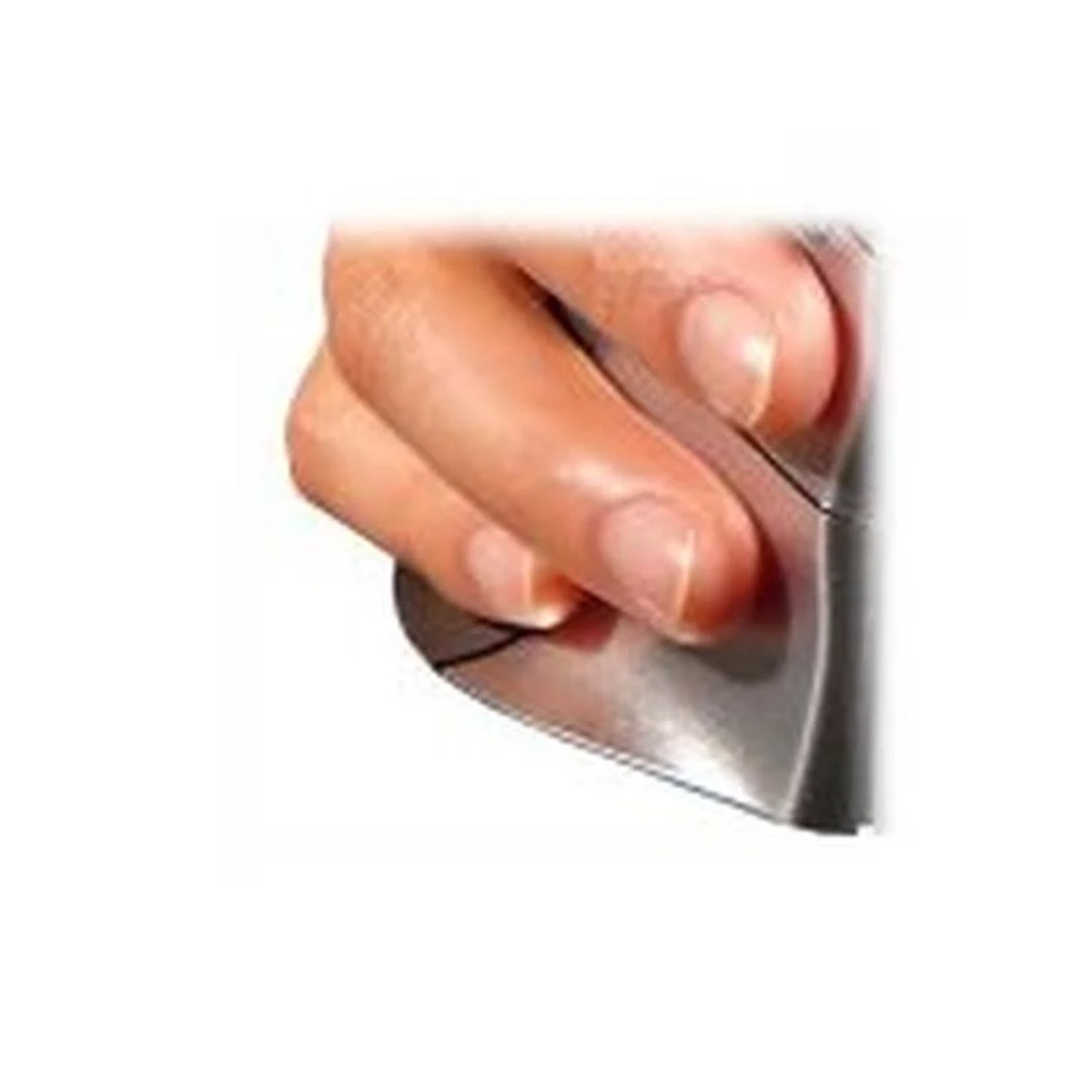A hand holds a silver computer mouse. Fingers are curved over the mouse's top, with fingernails visible. The background is white.