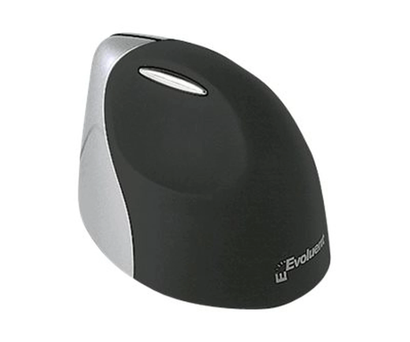 An ergonomic vertical mouse. It is black and silver, with a rounded shape and a small button on top. The brand name is visible.
