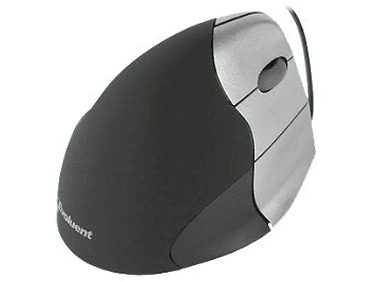 An ergonomic computer mouse. Black with silver accents. It has a vertical design. The brand name 'Evoluent' is visible.