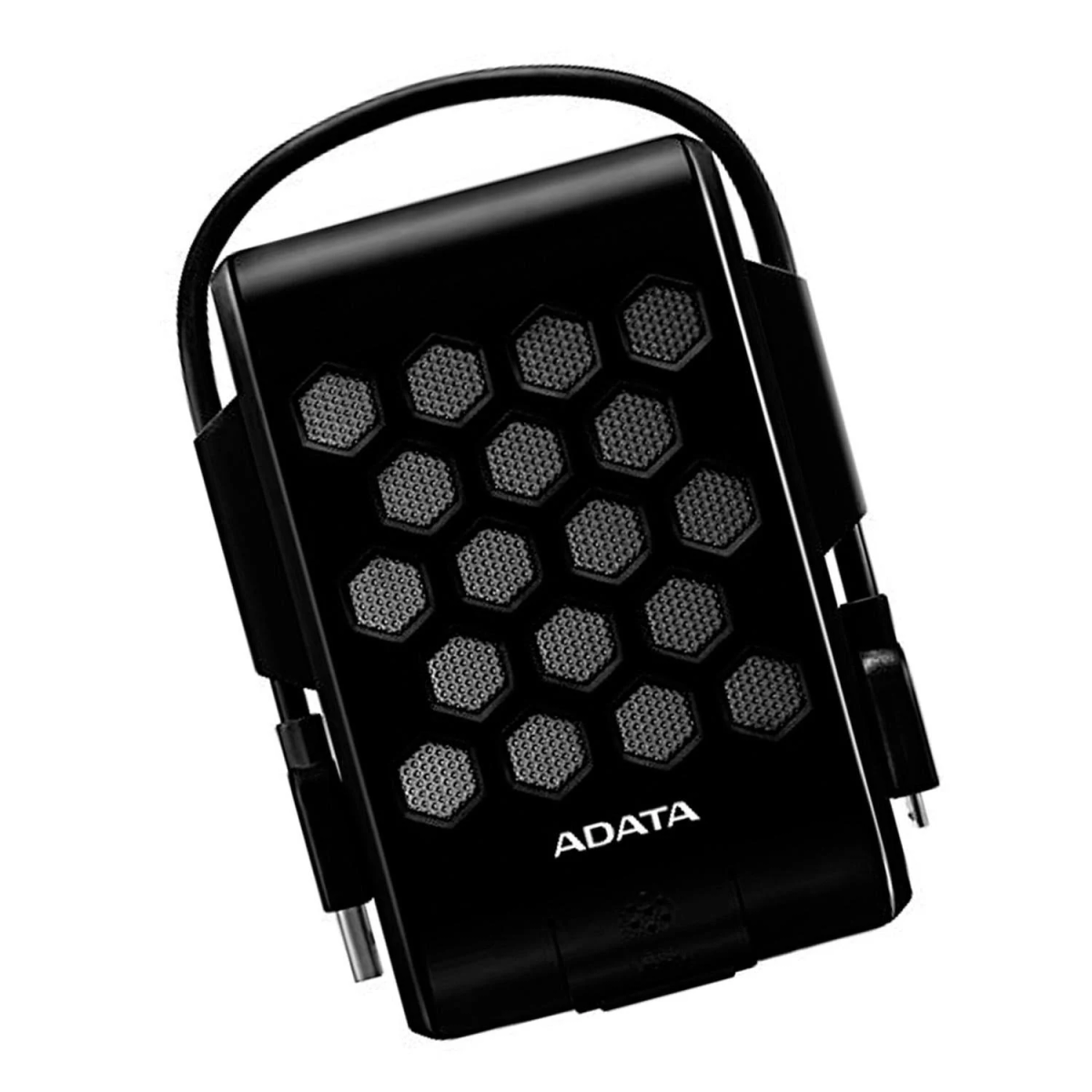 Black external hard drive. It has a honeycomb design with the ADATA logo on the front.