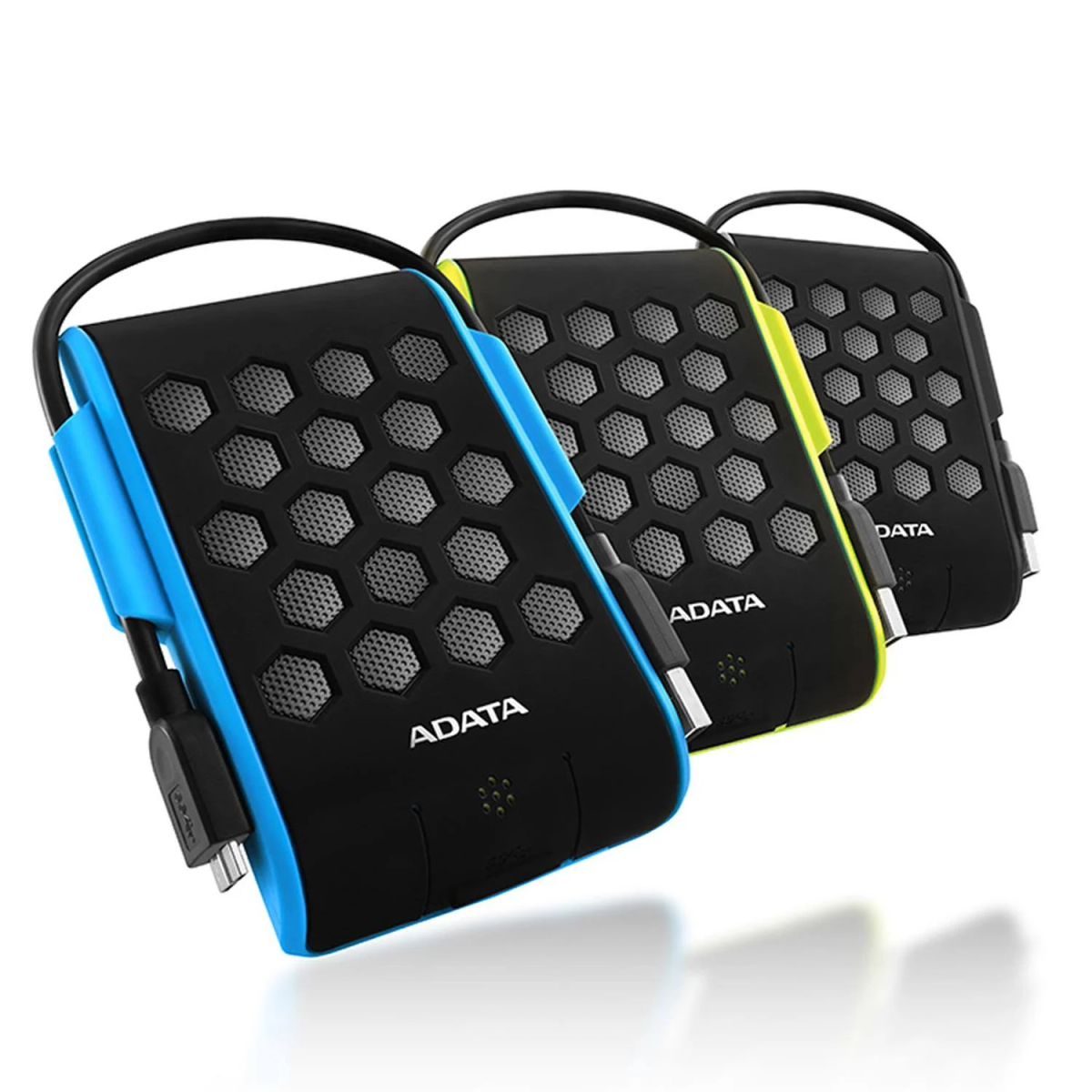 Three external hard drives, blue, yellow and black.