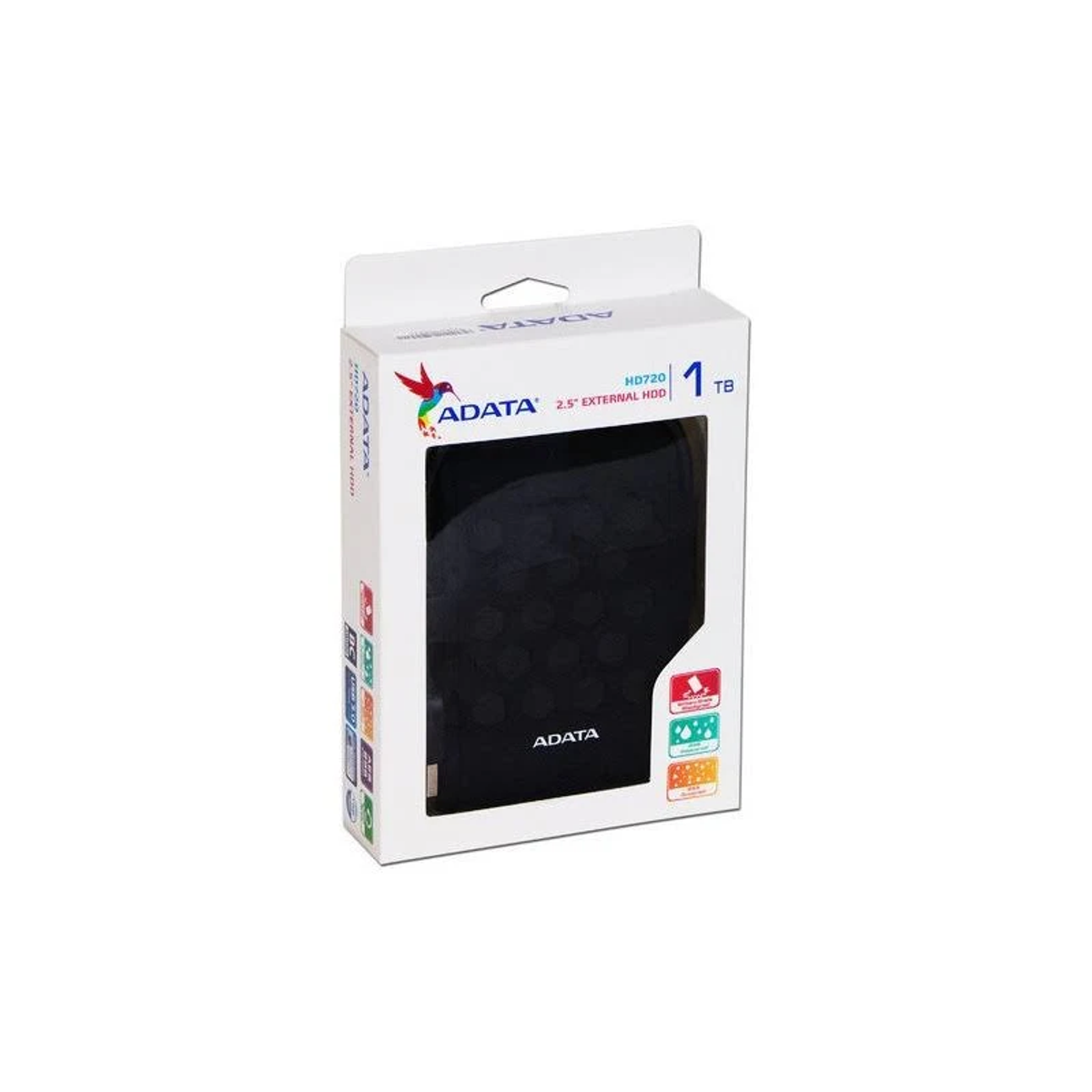 ADATA external hard drive in box. Black drive visible through window.
