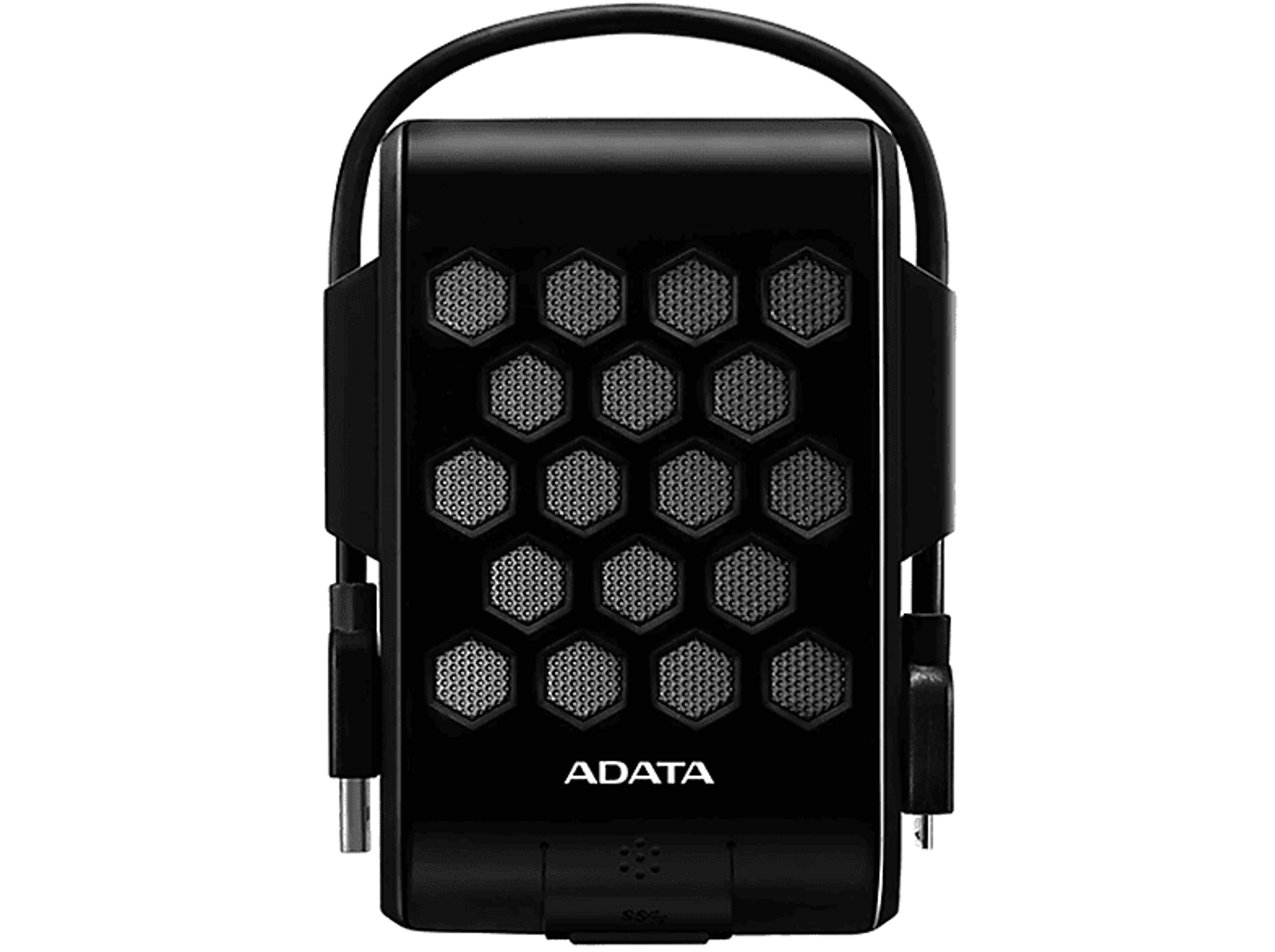 Black external hard drive, with a rugged design and handle, ADATA logo.