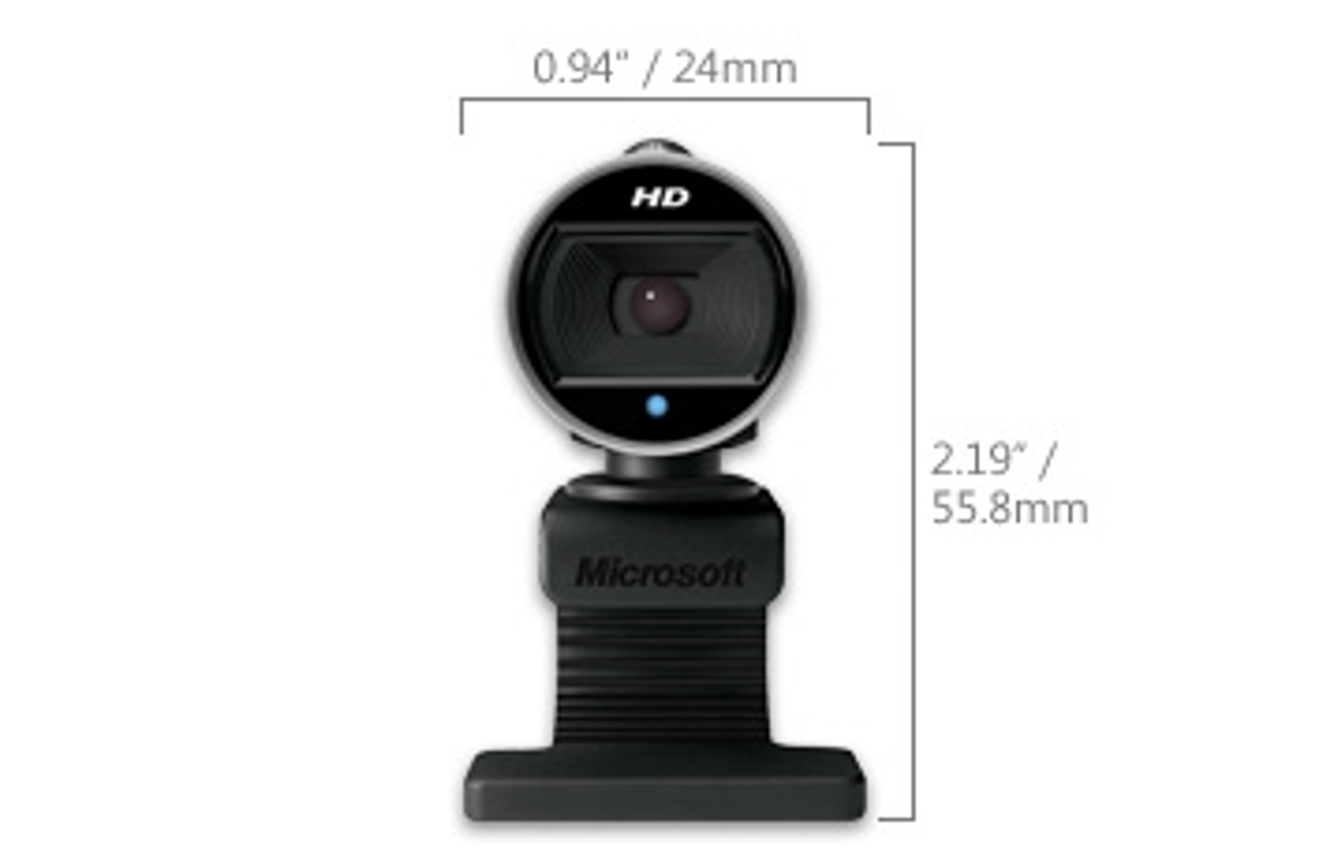 Webcam mit HD-Label, schwarz und silber. Abmessungen werden angezeigt.