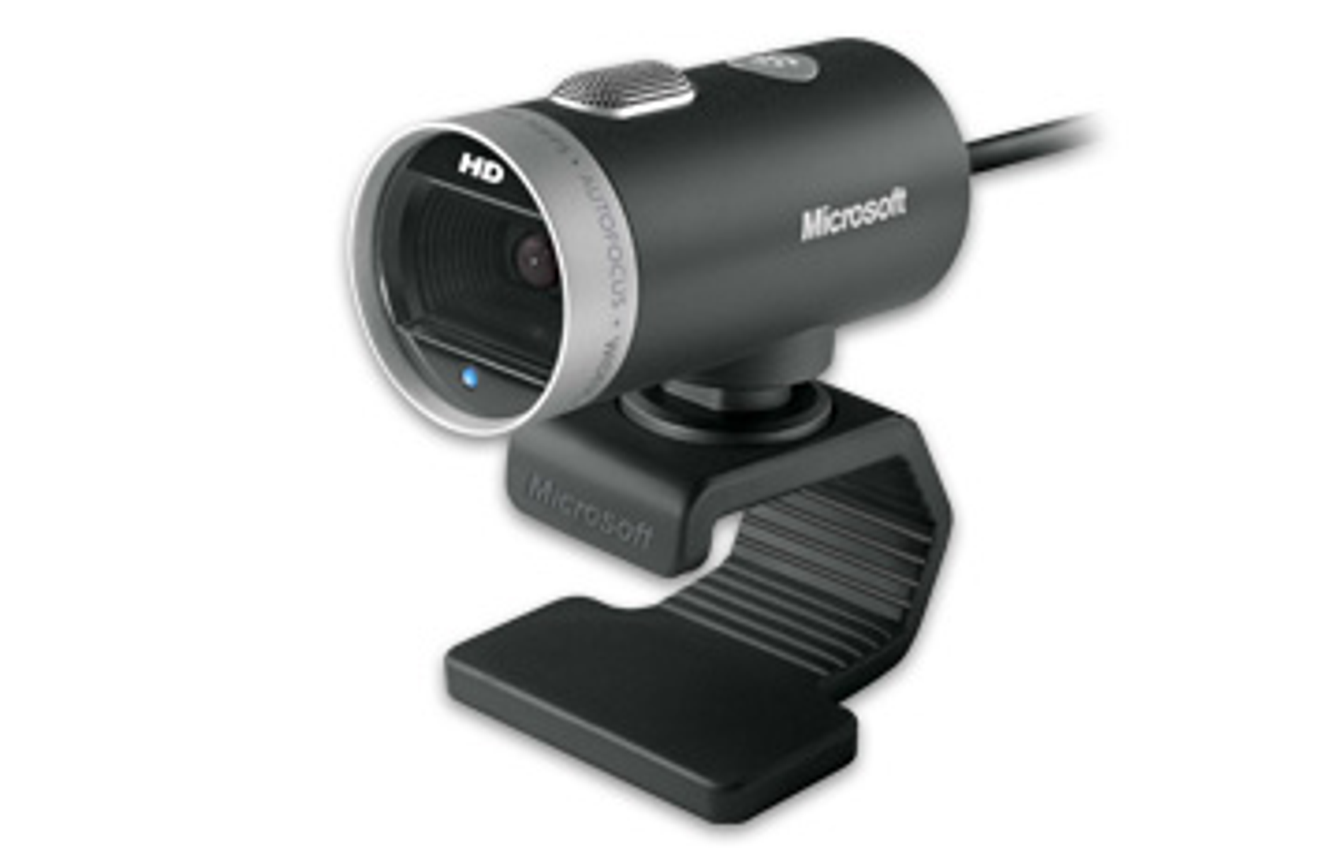 Schwarze Microsoft-Webcam. Silberner Ring um das Objektiv. Verstellbarer Ständer. Weißer Hintergrund.