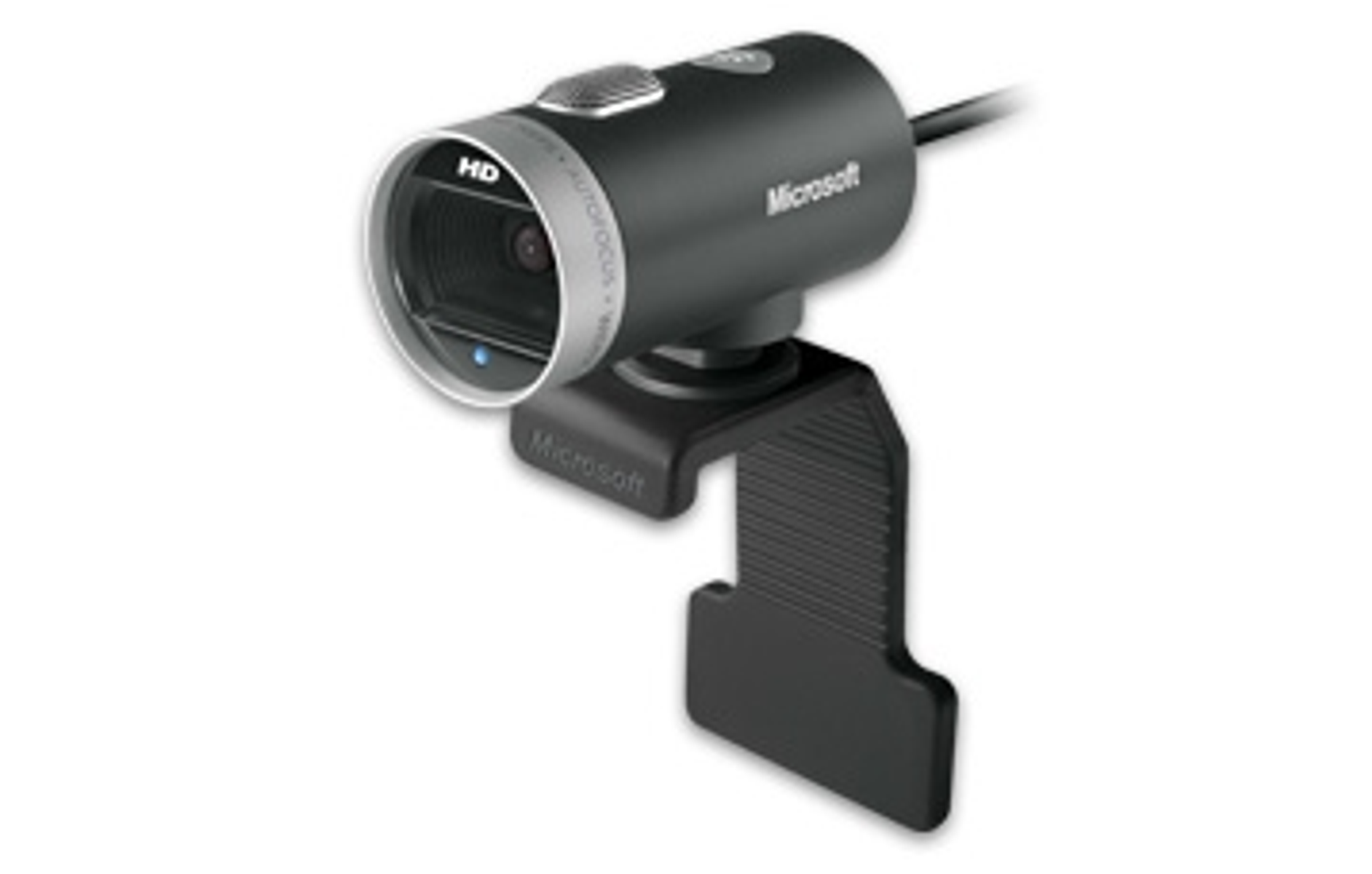 Eine schwarze Webcam mit HD und Autofokus, mit einem schwarzen Ständer mit Microsoft.