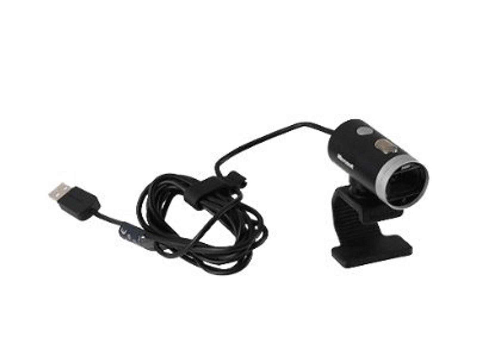 Una webcam nera con cavo e clip per il fissaggio a un monitor o una superficie.