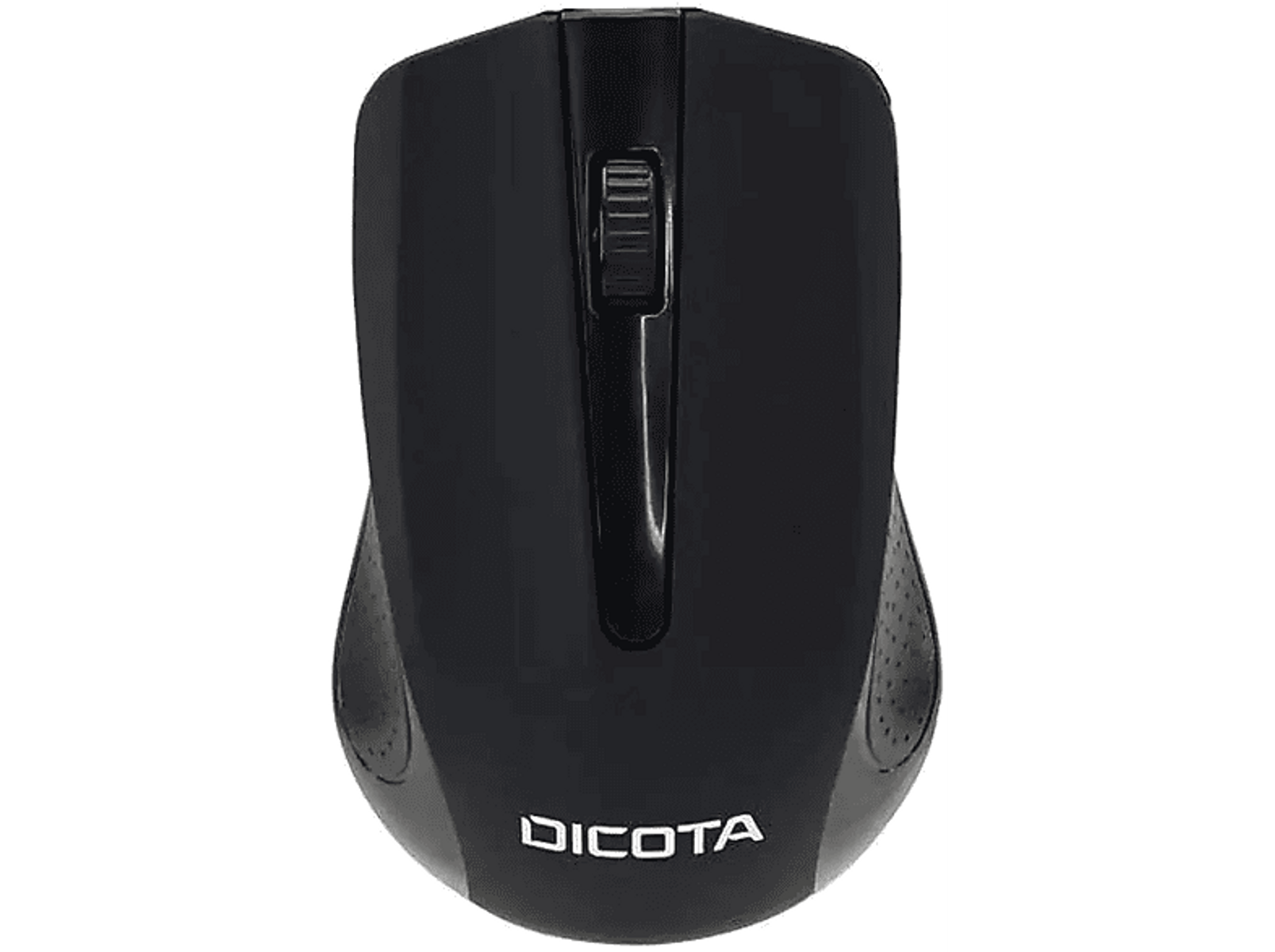 Een zwarte computermuis met een scrollwiel en het Dicota-logo.