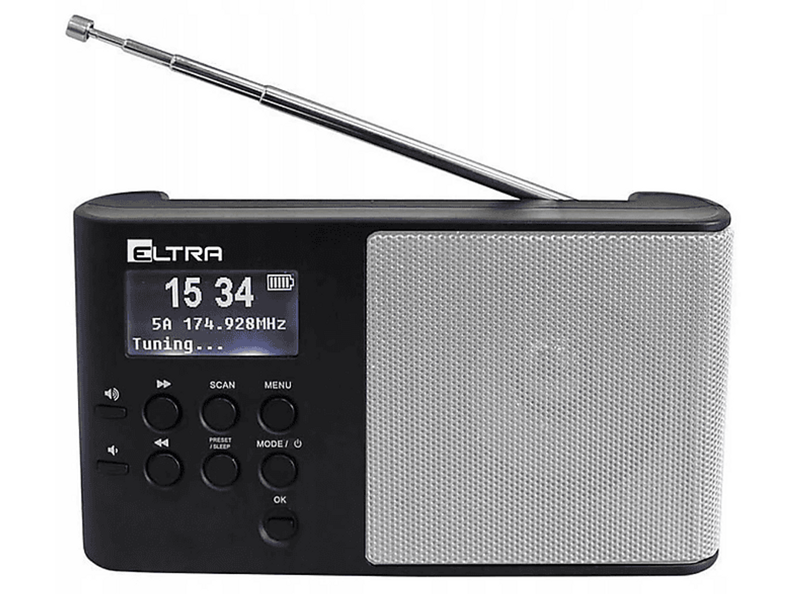 Radio digitale nera e argento. Il display mostra ora, frequenza e impostazioni. Antenna estesa.