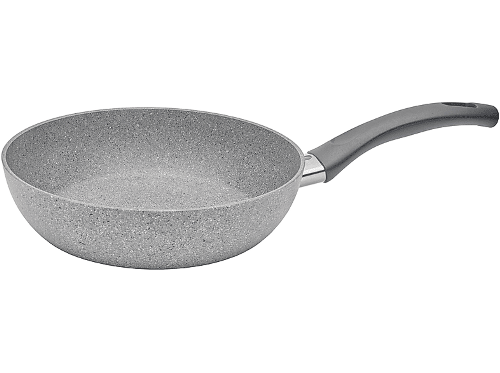Sartén gris con aspecto de granito y mango negro. La sartén está vacía.