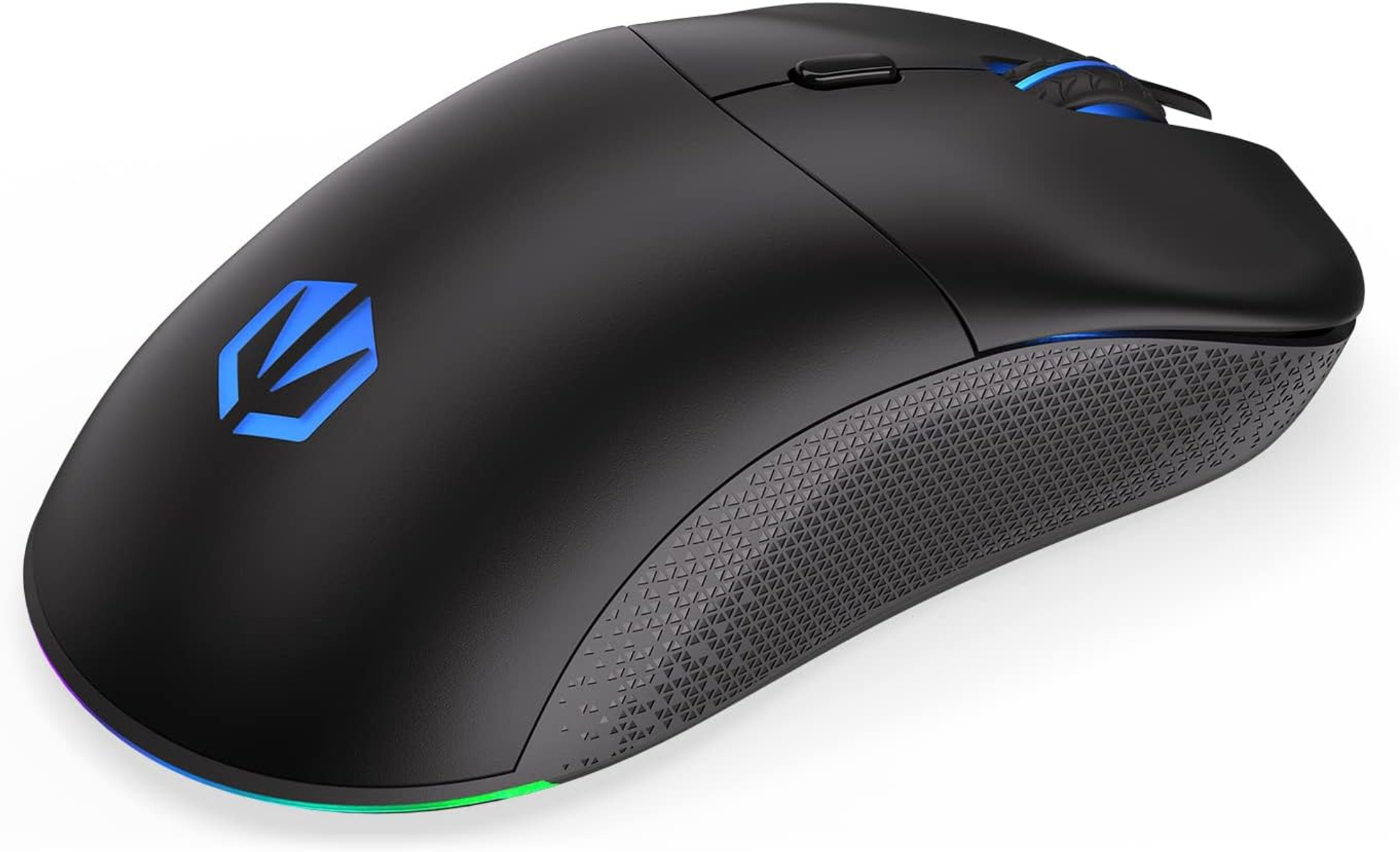 Schwarze Gaming-Maus mit beleuchtetem blauem Logo und farbigen Seitenlichtern.