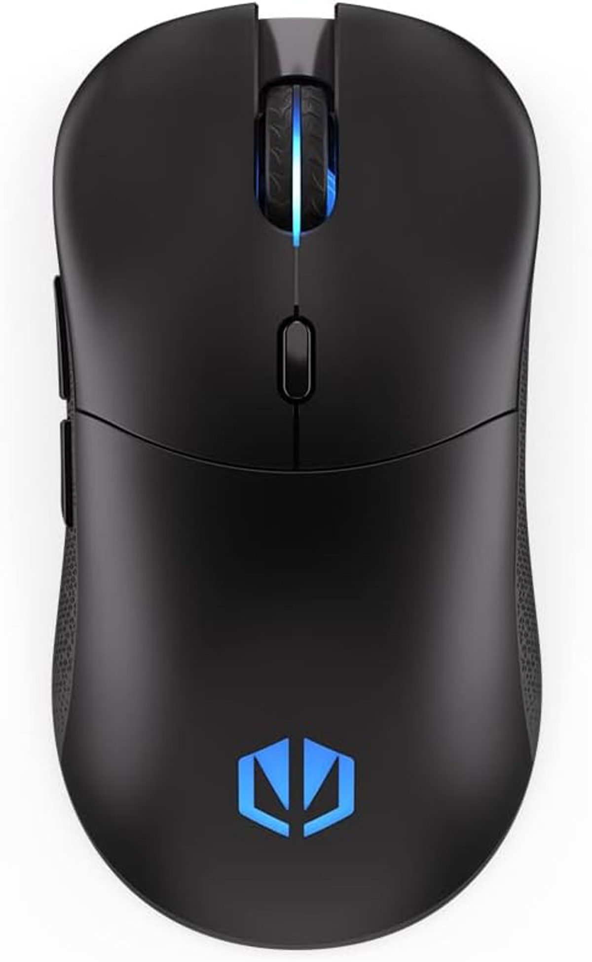 Schwarze Gaming-Maus mit blauer LED. Mit zwei Seitentasten und blauem Logo auf der Unterseite.