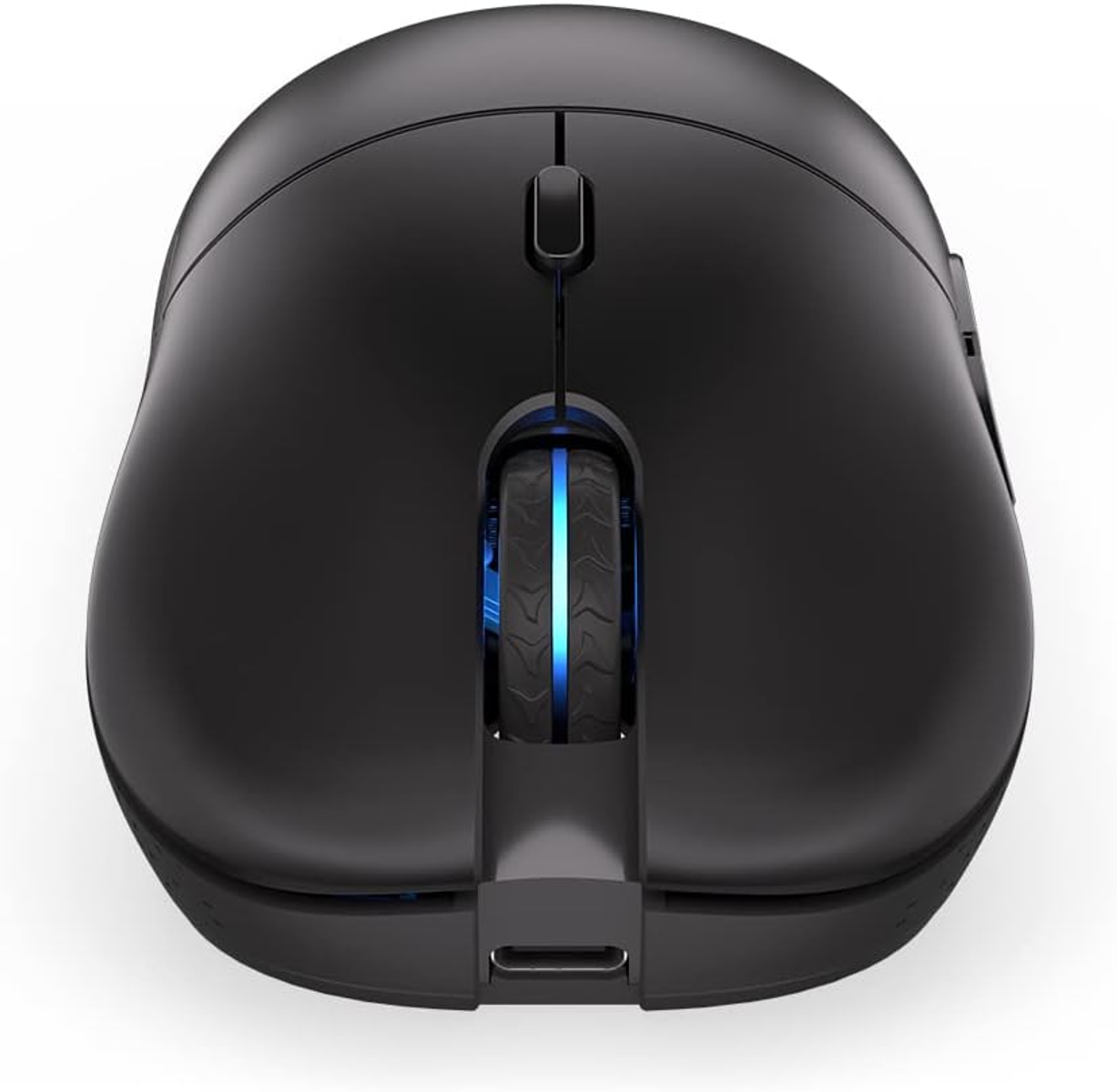 Schwarze Computermaus. Mit einem Scrollrad mit blauer Beleuchtung.