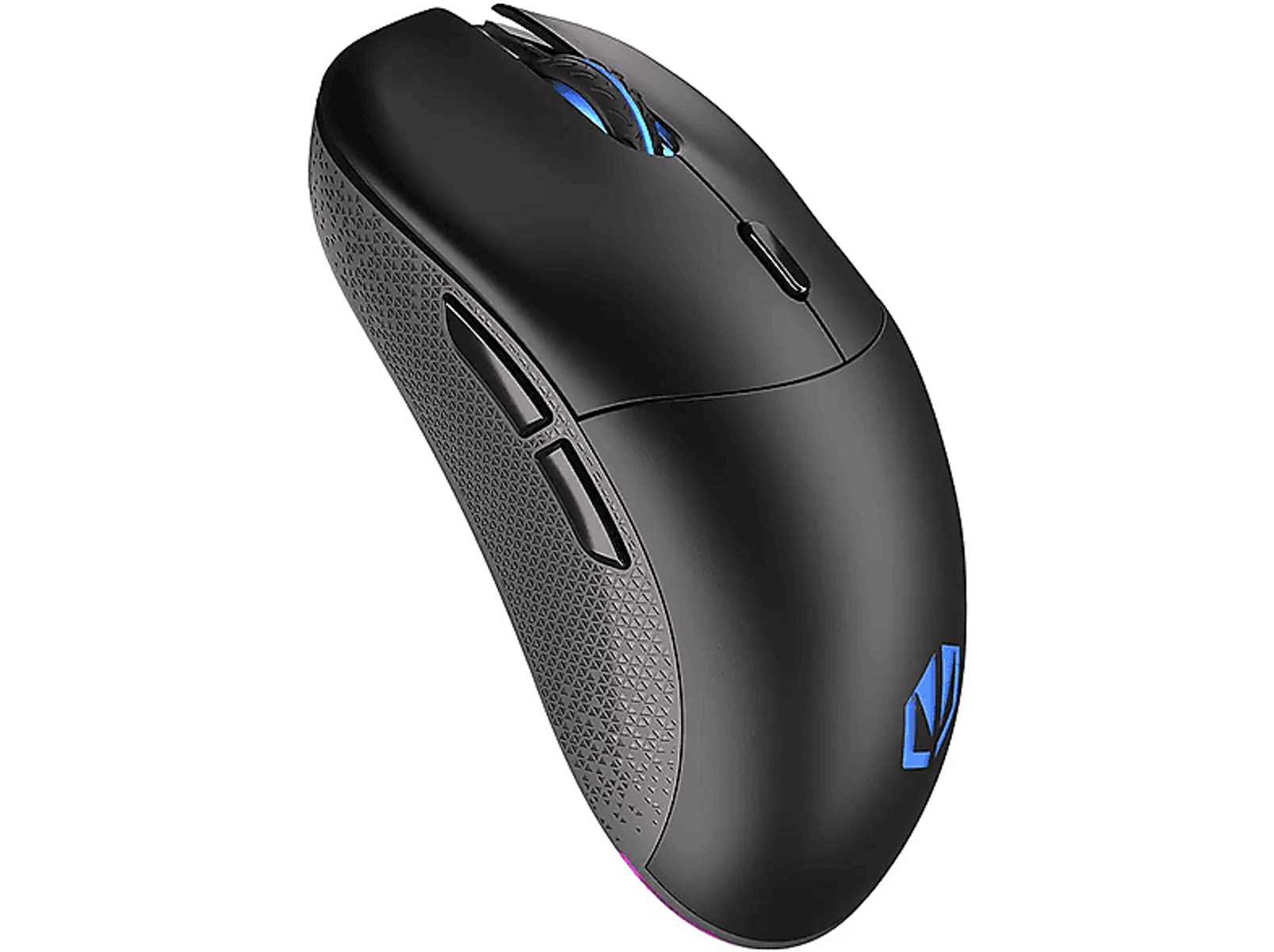 Schwarze Gaming-Maus mit blauen Akzenten. Sie hat zwei Seitentasten und einen strukturierten Griff.